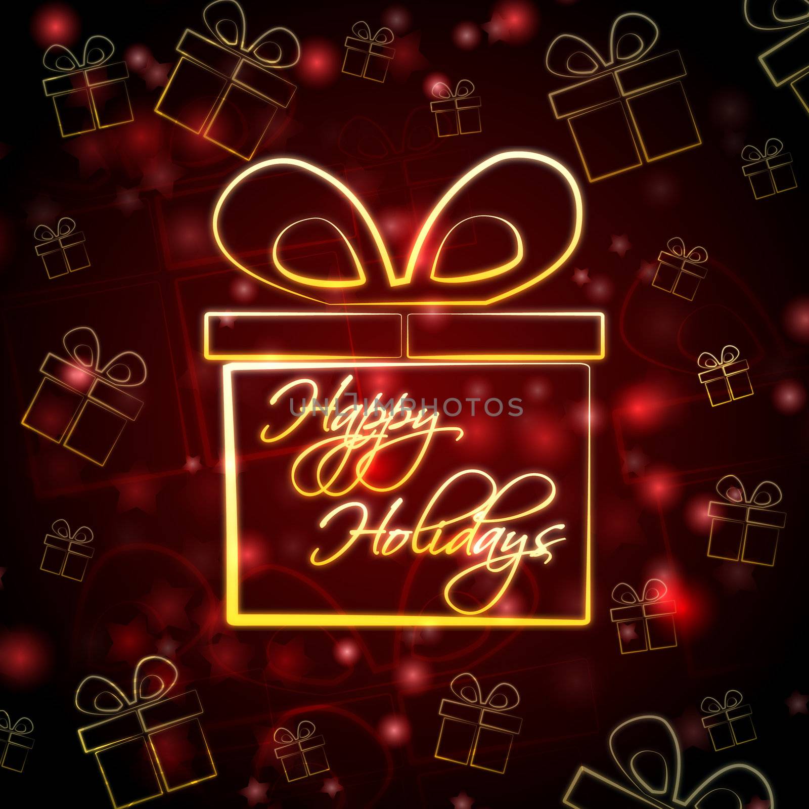 abstract red background card with golden presents boxes and text happy holidays