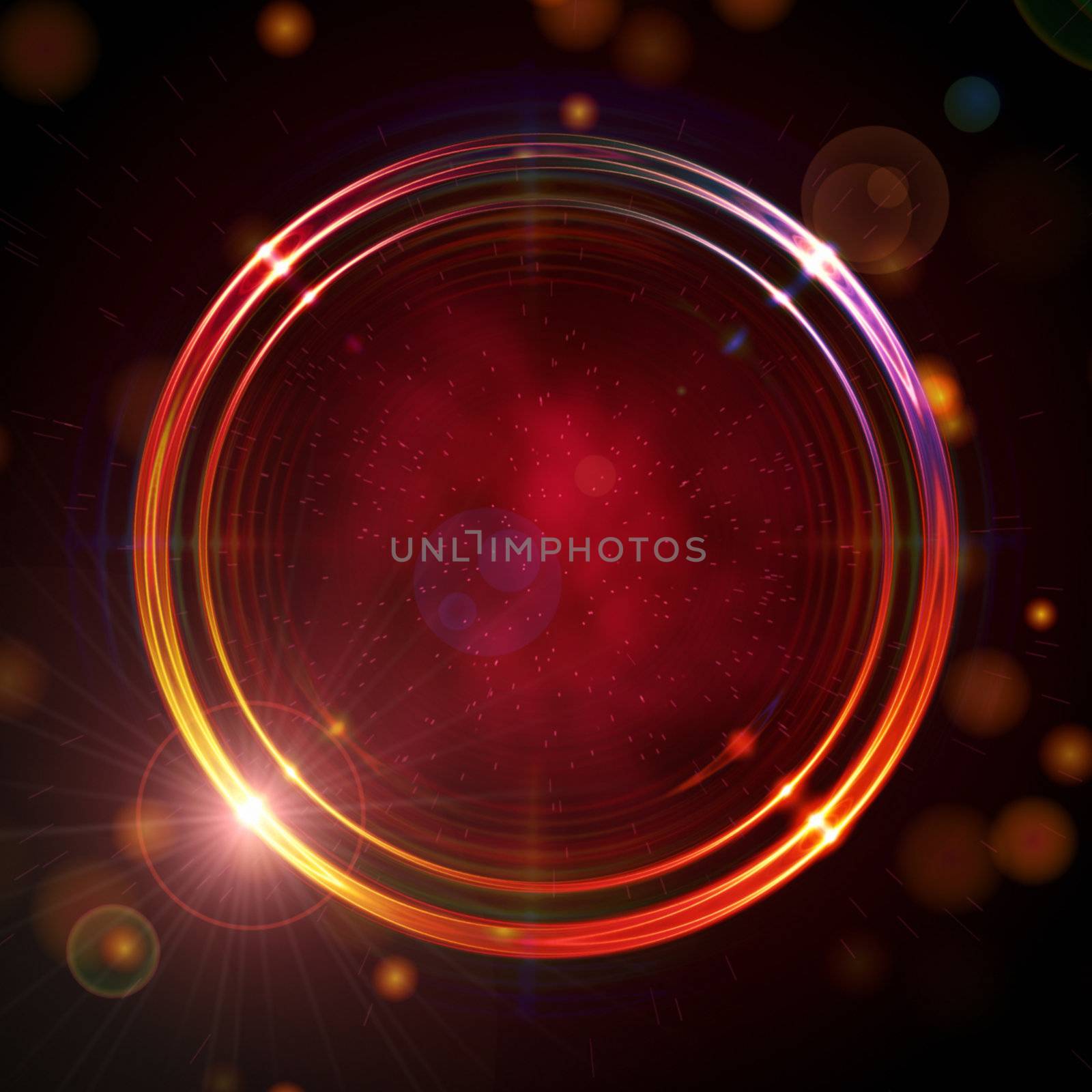 abstract golden rings shining over dark red background with stars and lights