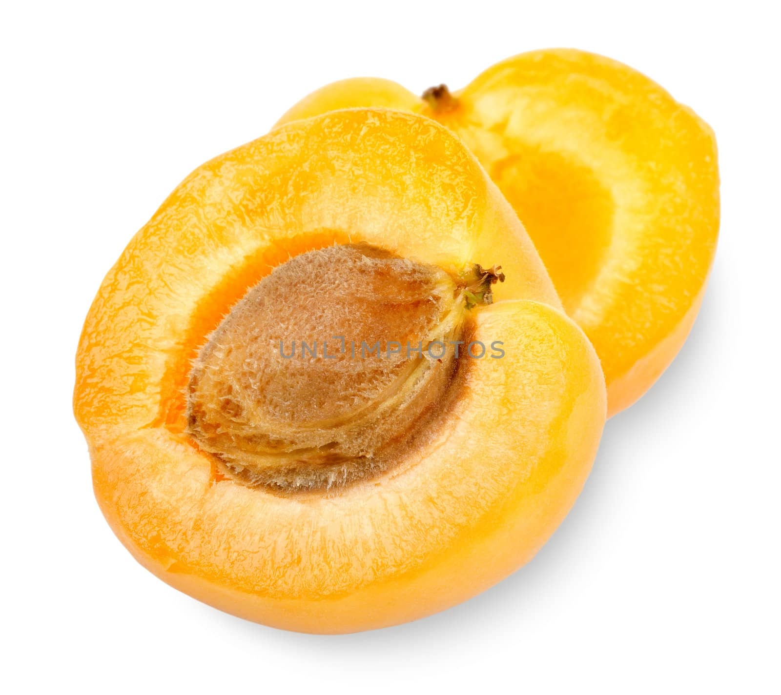 Ripe apricot sectioned by knife on white background