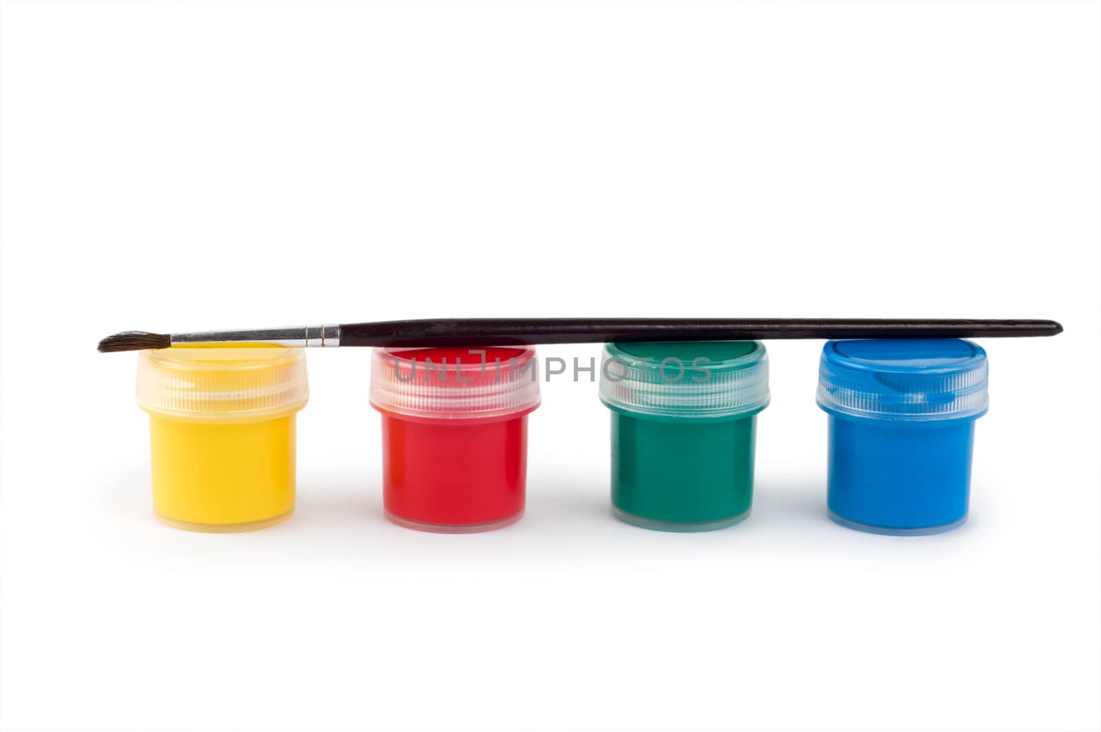 Gouache paint cans and brush isolated on white background