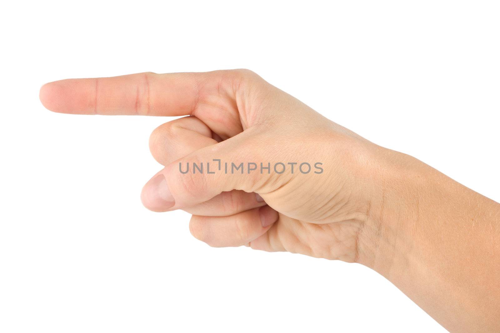 Hand simulating pressing a button or something else with index finger extended, isolated on a white background. 