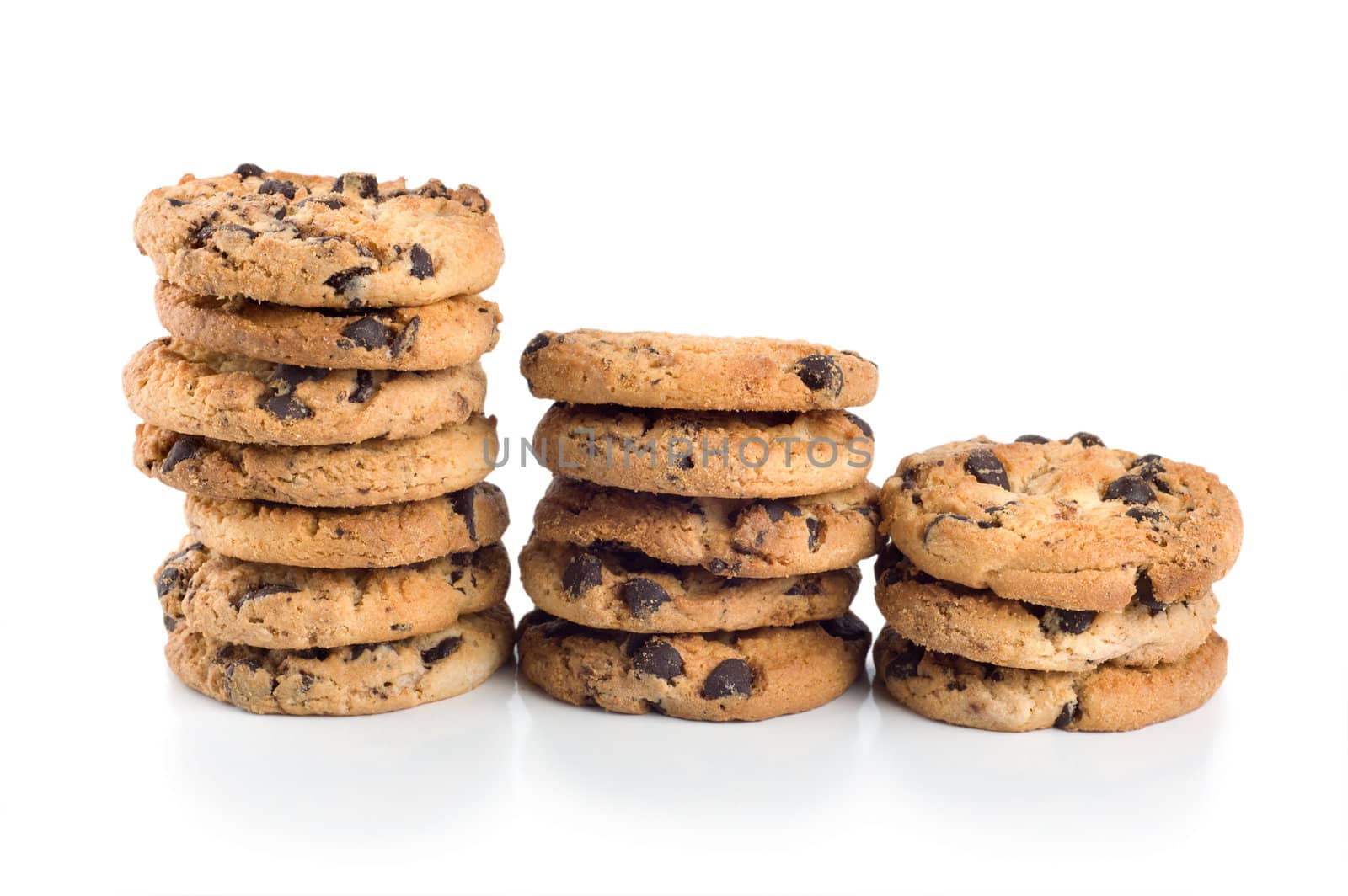 Stack of chocolate chip cookies isolated on a white background.