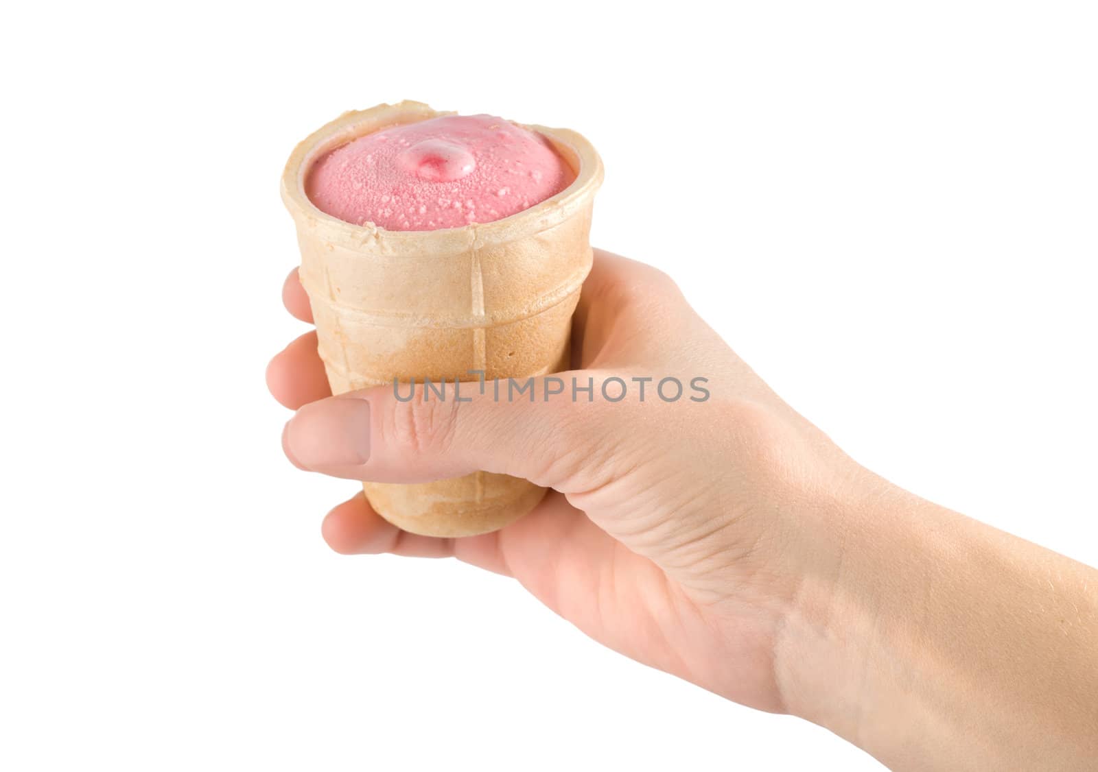 Ice cream in hand isolated on white background