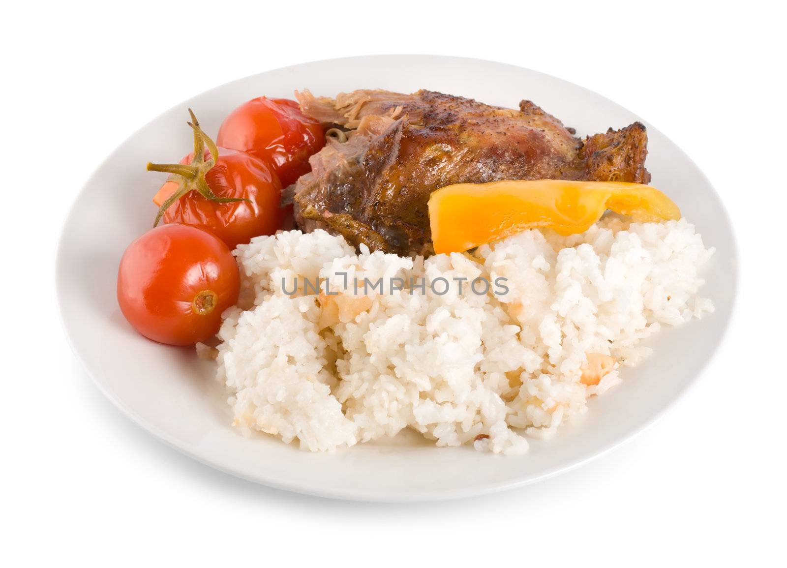 Boiled rice with chicken isolated on a white background (Path)