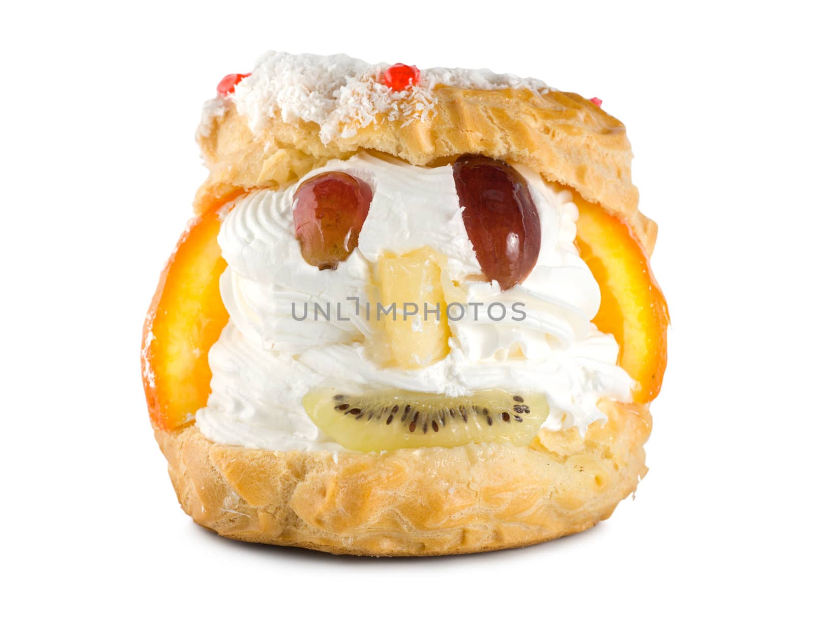 A cake with a face isolated on a white background