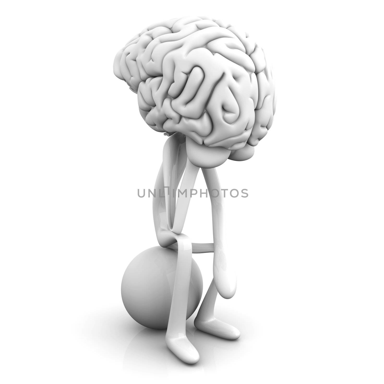 A cartoon figure con a huge brain. 3D rendered illustration. Isolated on white.