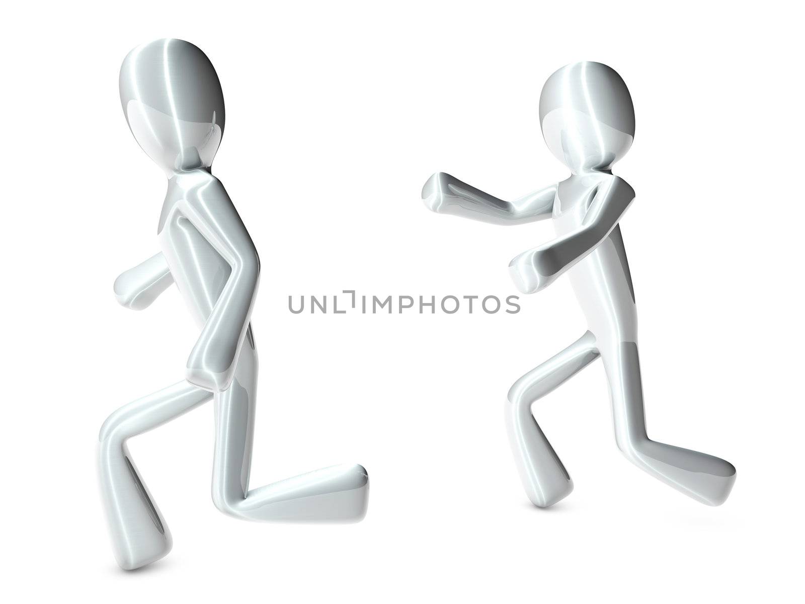 A cartoon character trying to catch another one. 3D rendered Illustration. Isolated on white.