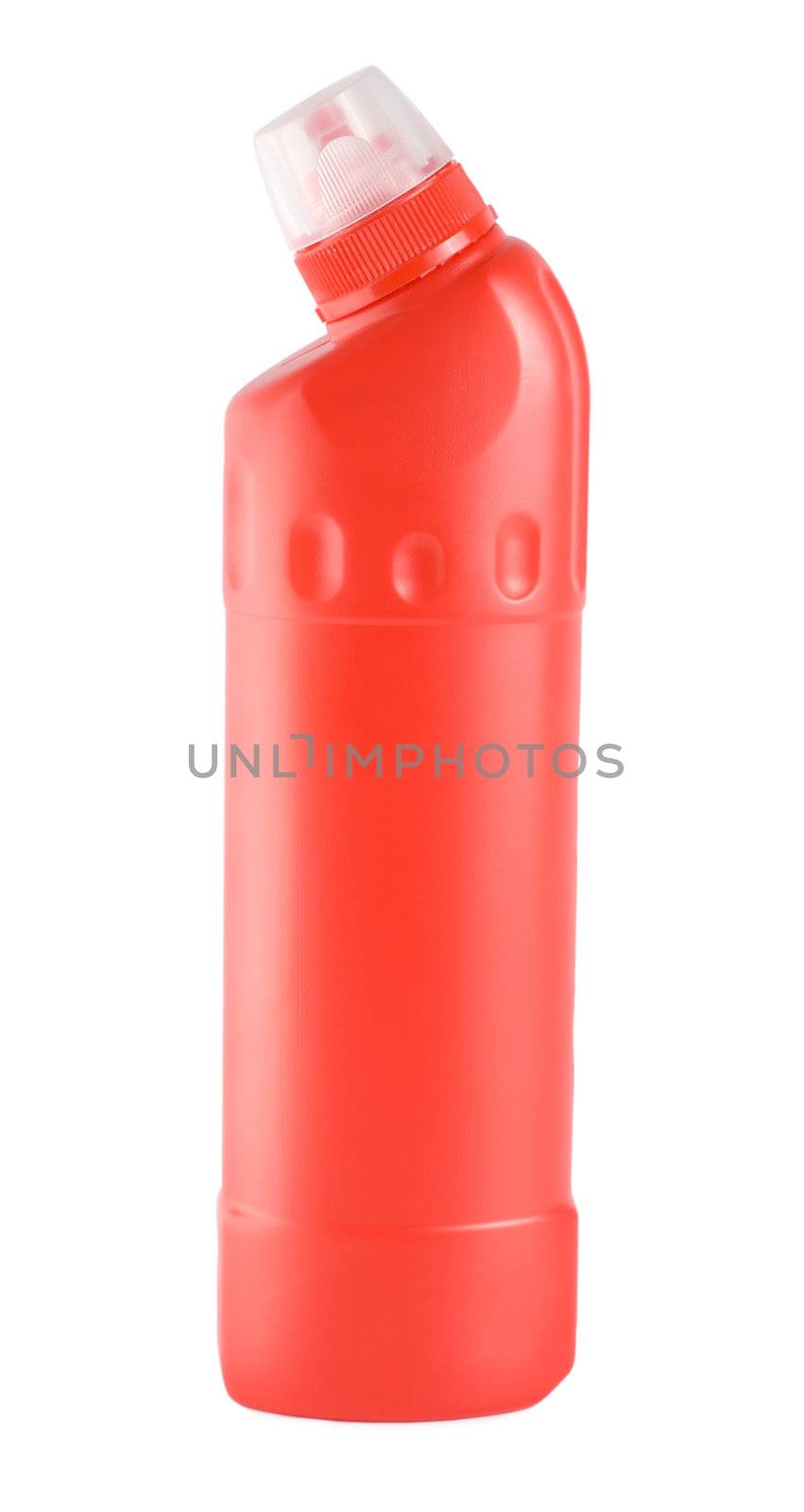 Detergent in the red bottle isolated on white background