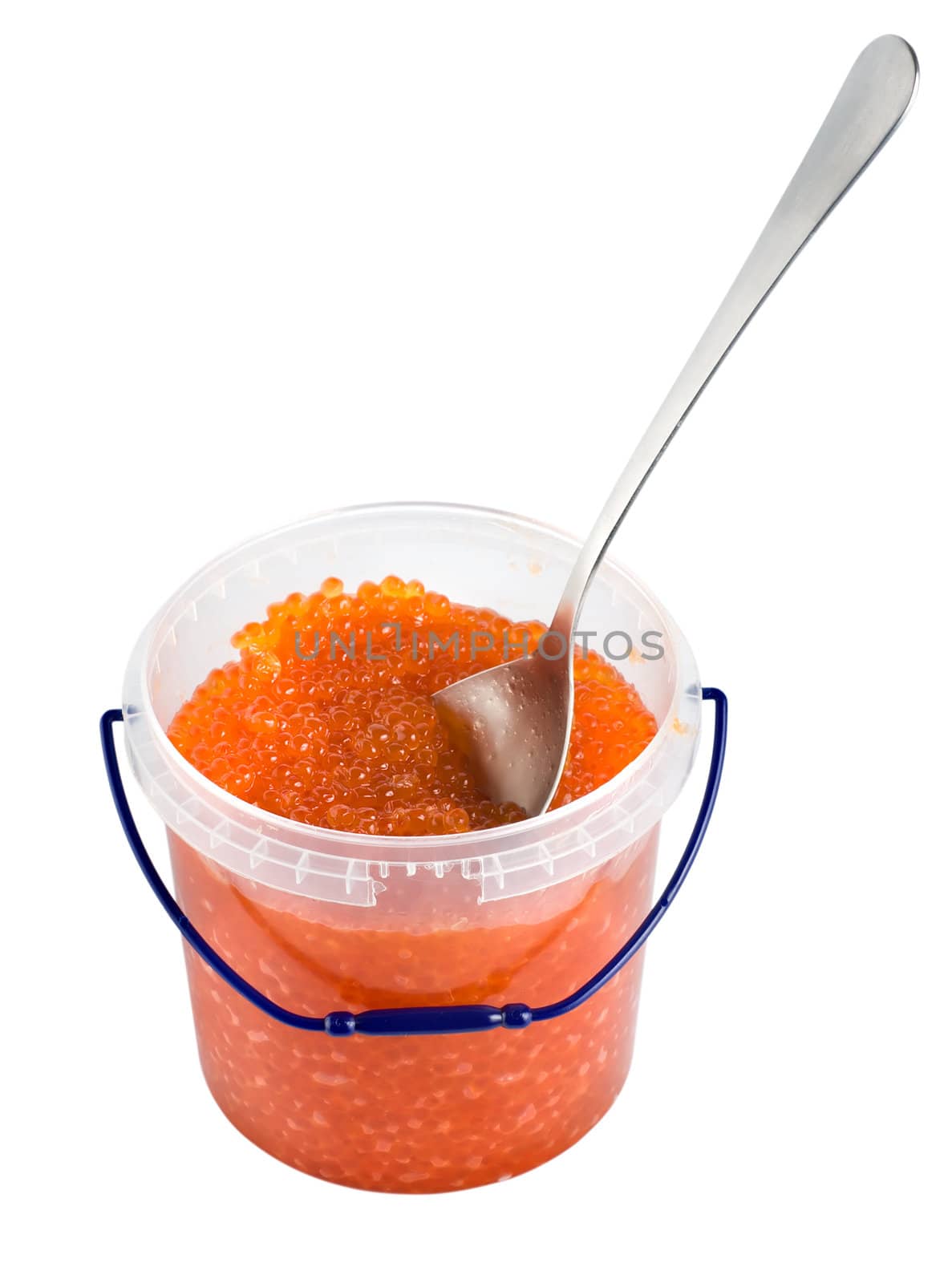Red caviar in a plastic container isolated on a white background
