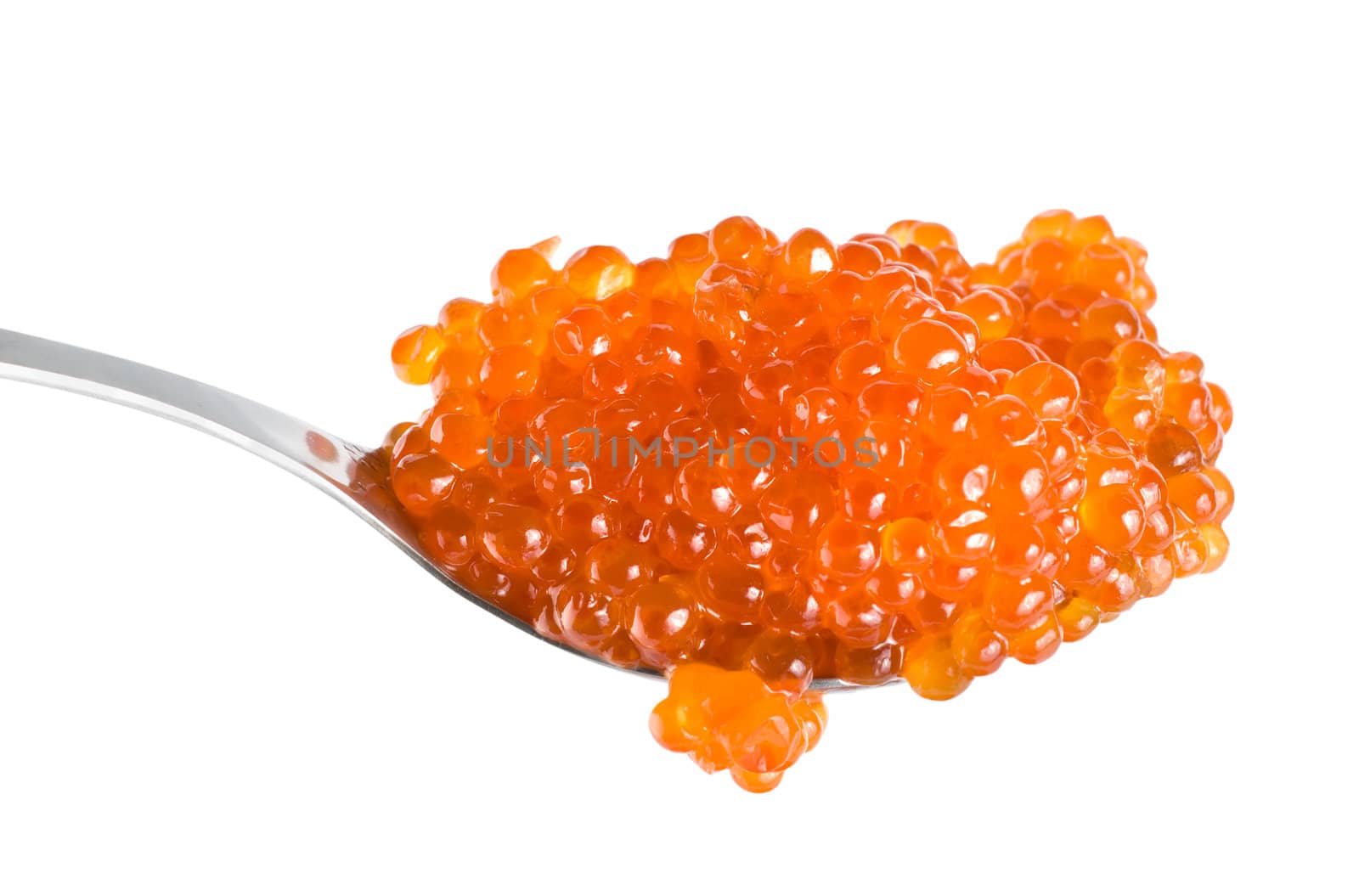 Large red caviar in spoon isolated on white background