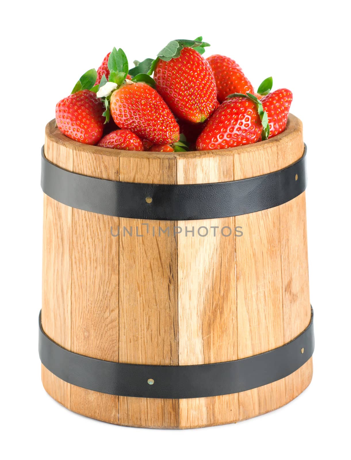 Wooden barrel with strawberries isolated on white background