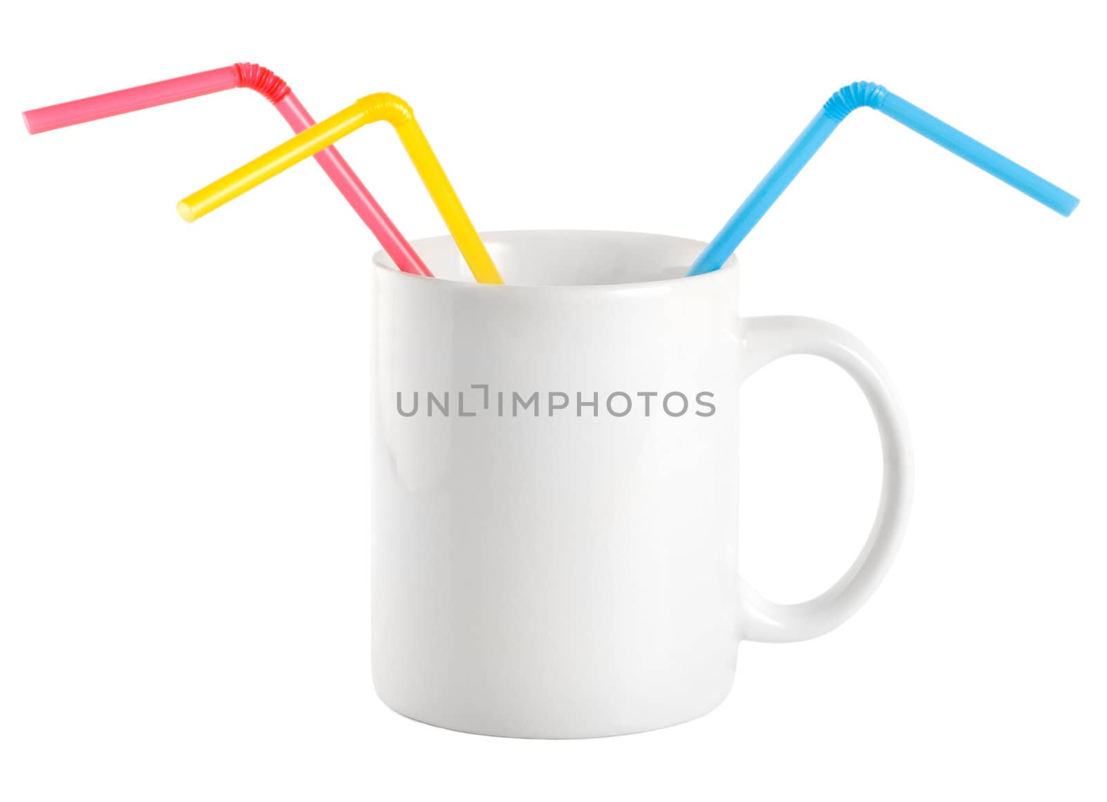 White cup with a drinking straw isolated on a white background