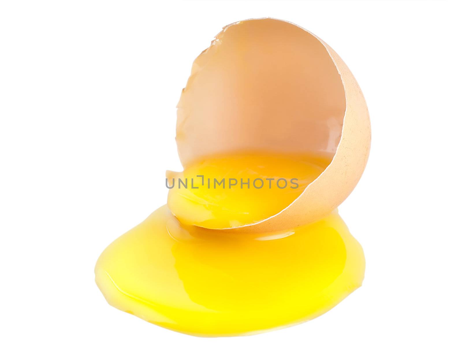 Broken egg with a yellow yolk isolated on white background