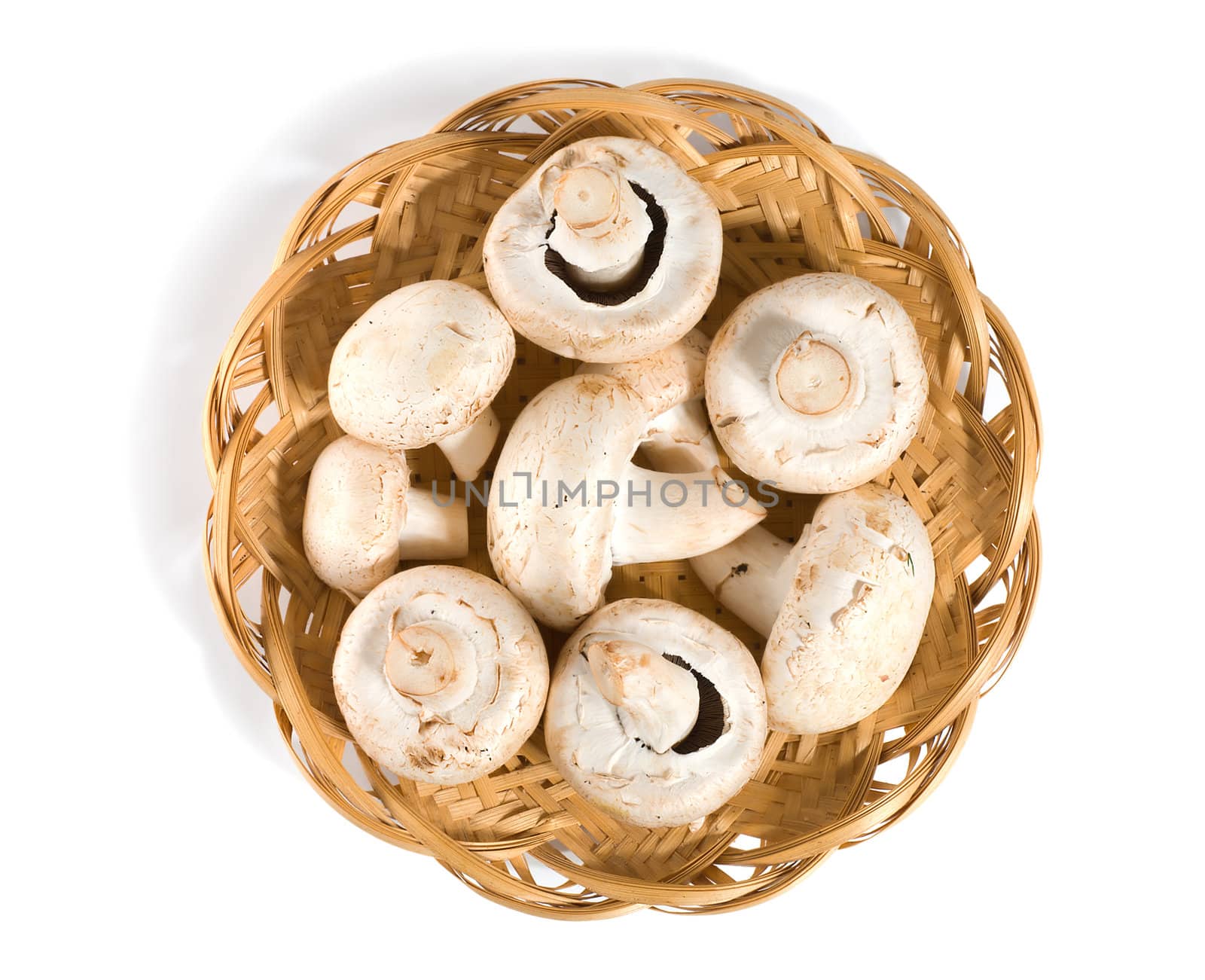 Mushrooms in a wooden basket isolated on a white background