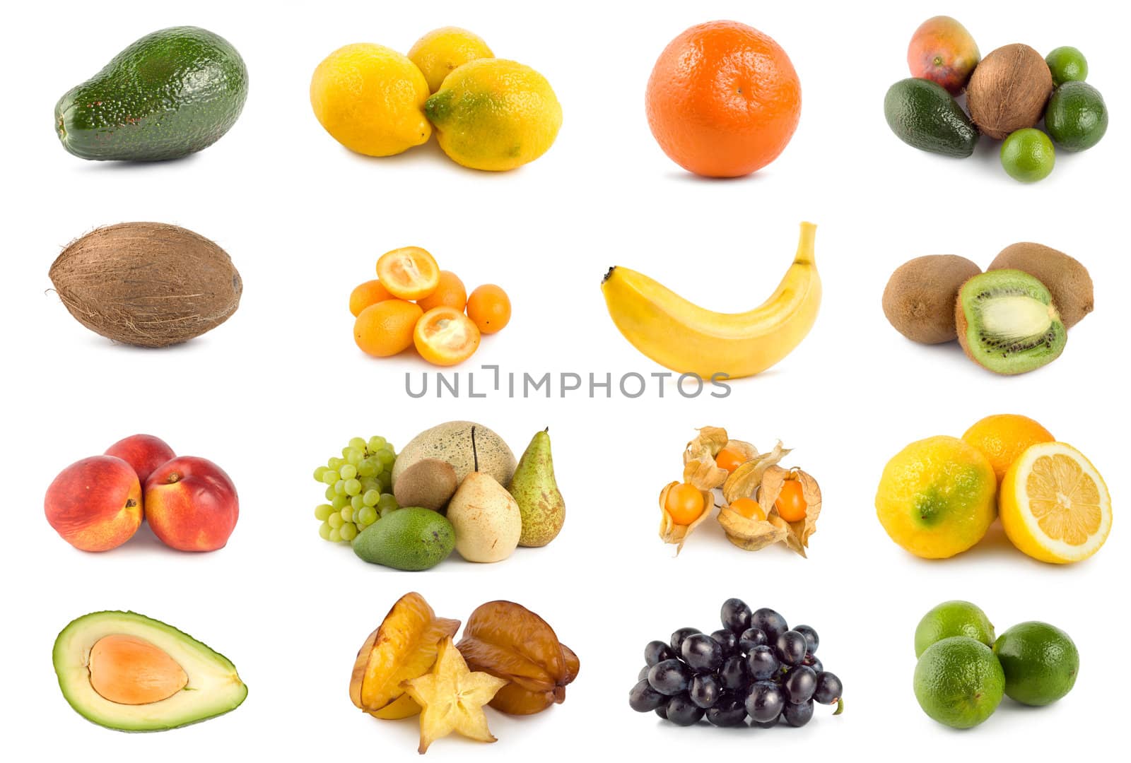 Collage of tropical fruits isolated on a white background