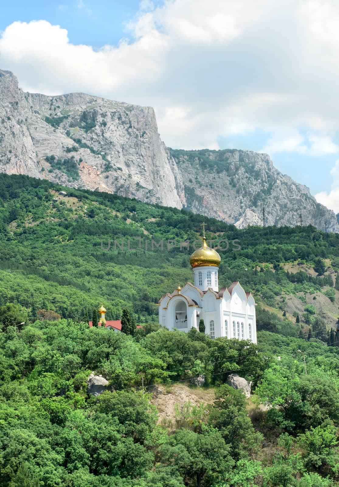 Church on the background of rocky mountains Balchik Kaya