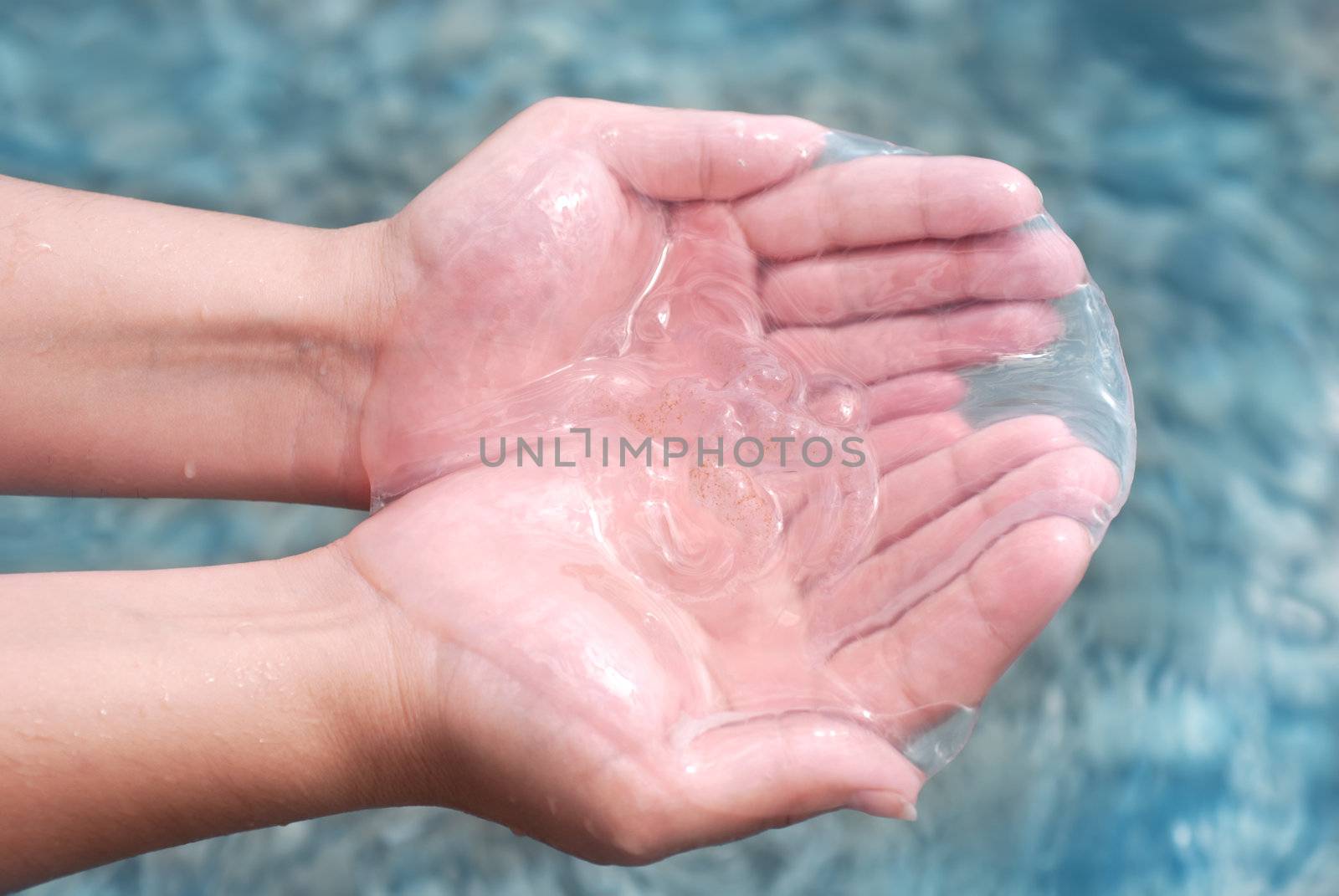 Jellyfish in hand against the blue sea