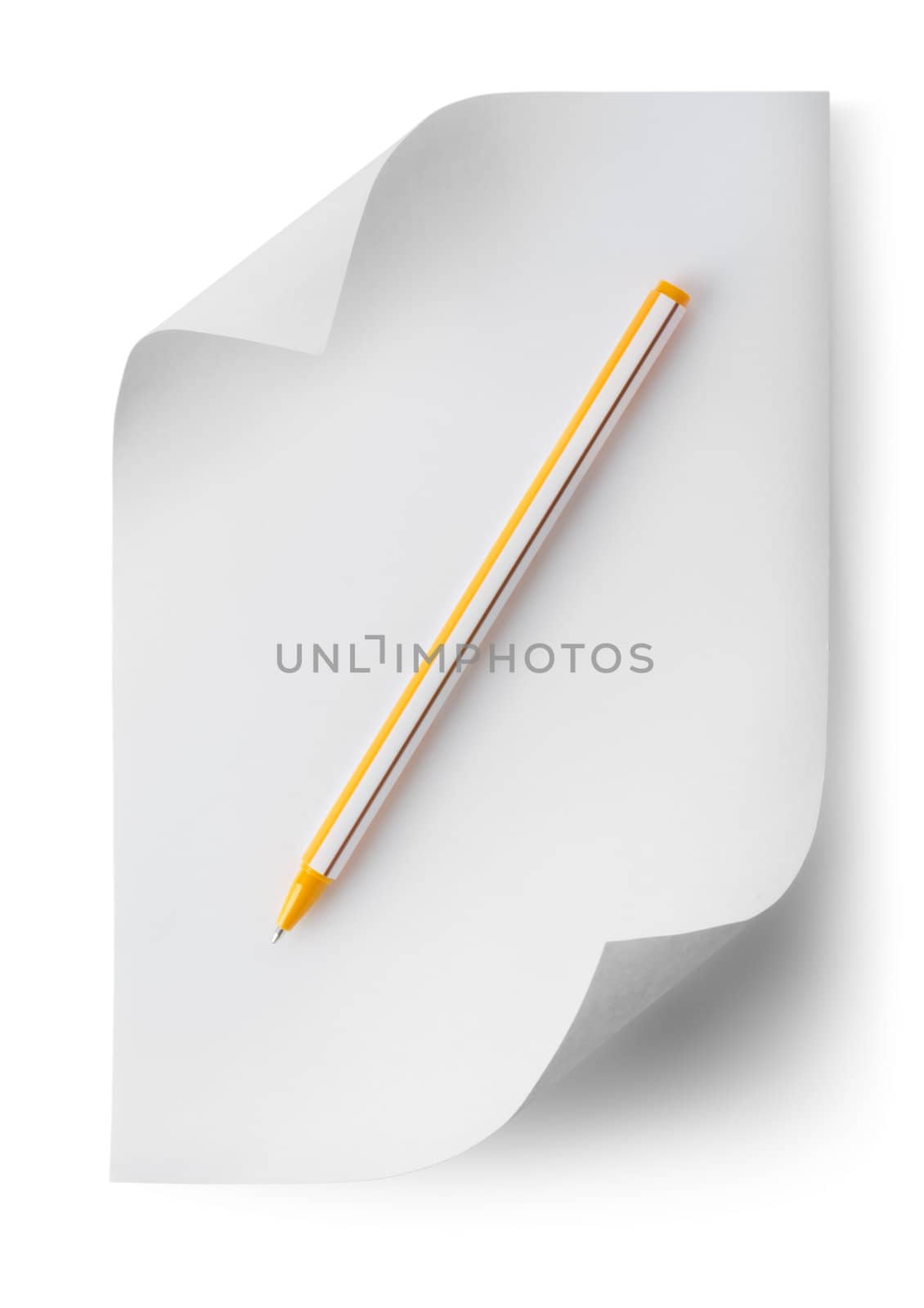 Pen with a sheet of paper isolated on white background. Clipping path