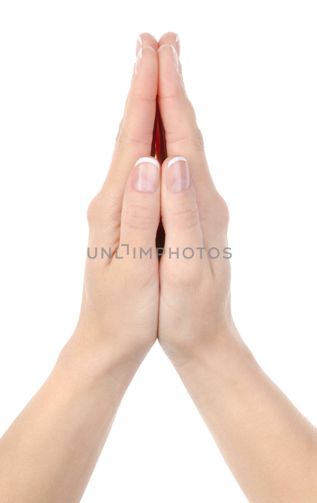 Woman praying hands isolated on white background