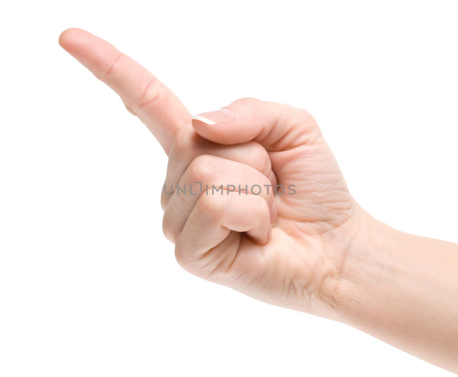 Hand simulating pressing something with index finger, isolated on a white background.
