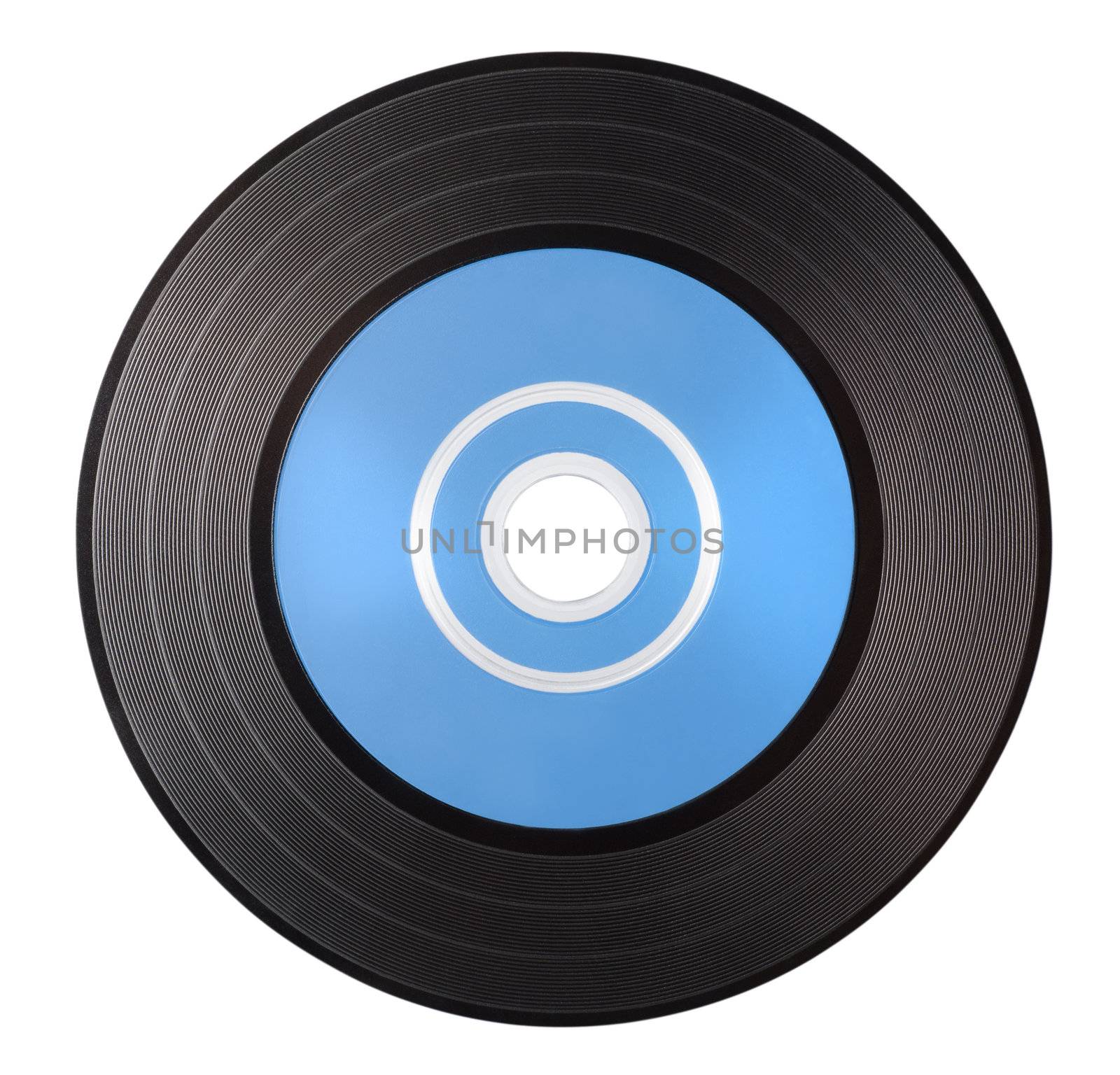 Old vinyl record with blue blank label isolated on white background