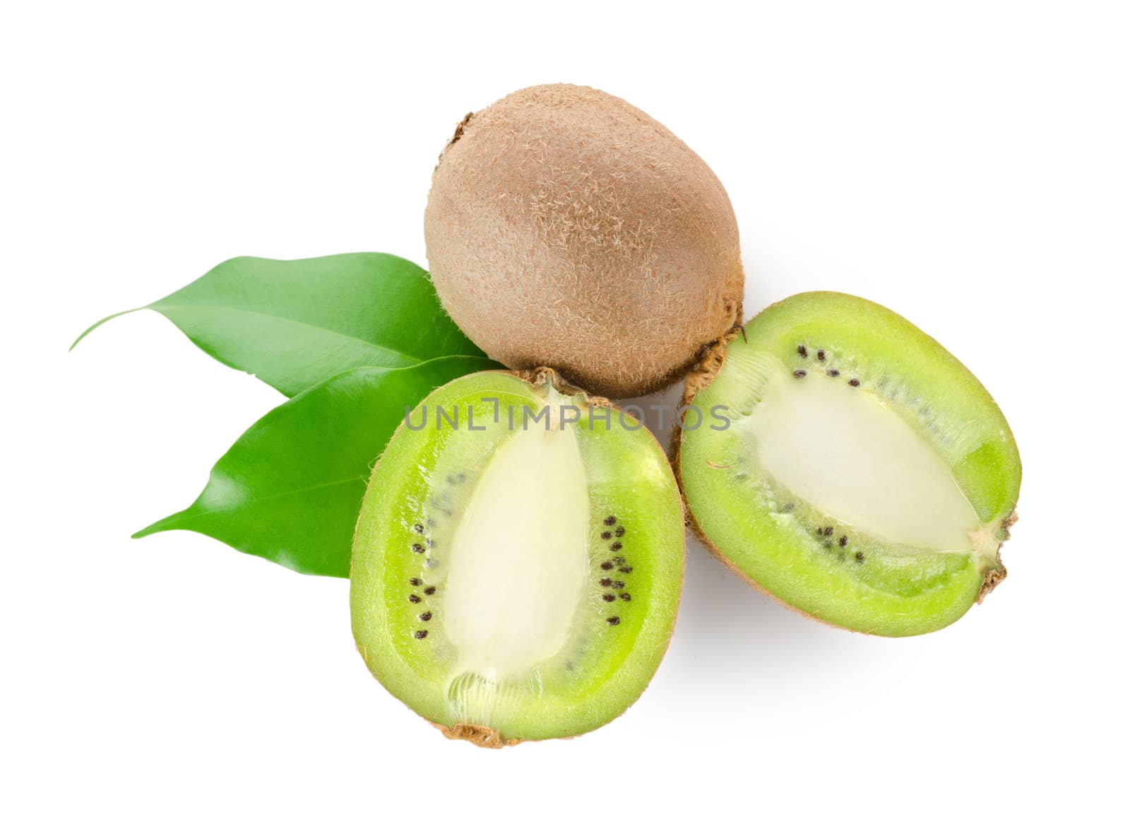 Fresh kiwi fruit with green leaves isolated on a white background