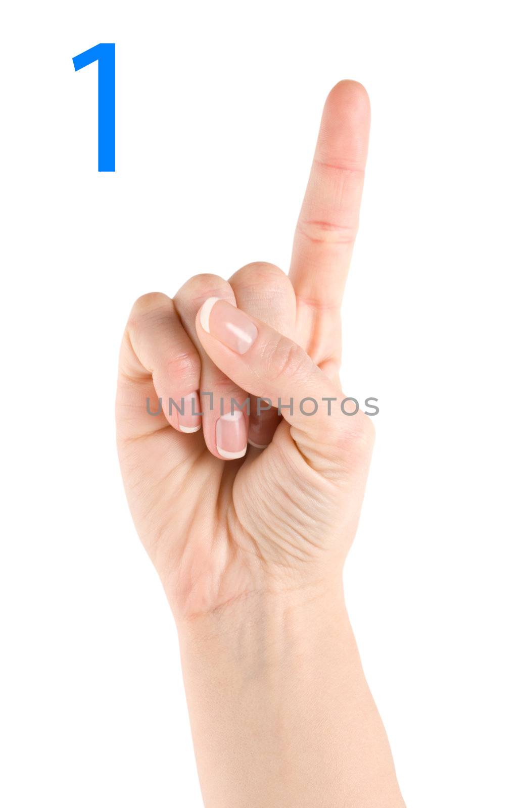 Hand showing number one isolated on a white background