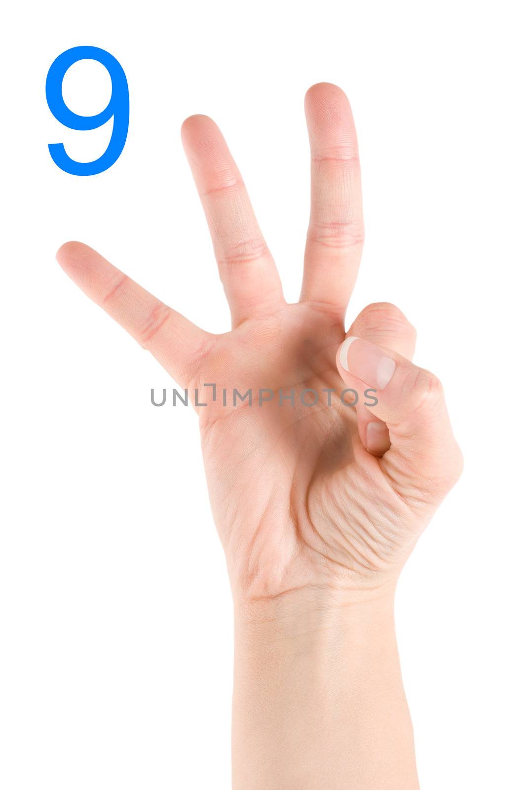 Hand showing number nine isolated on a white background