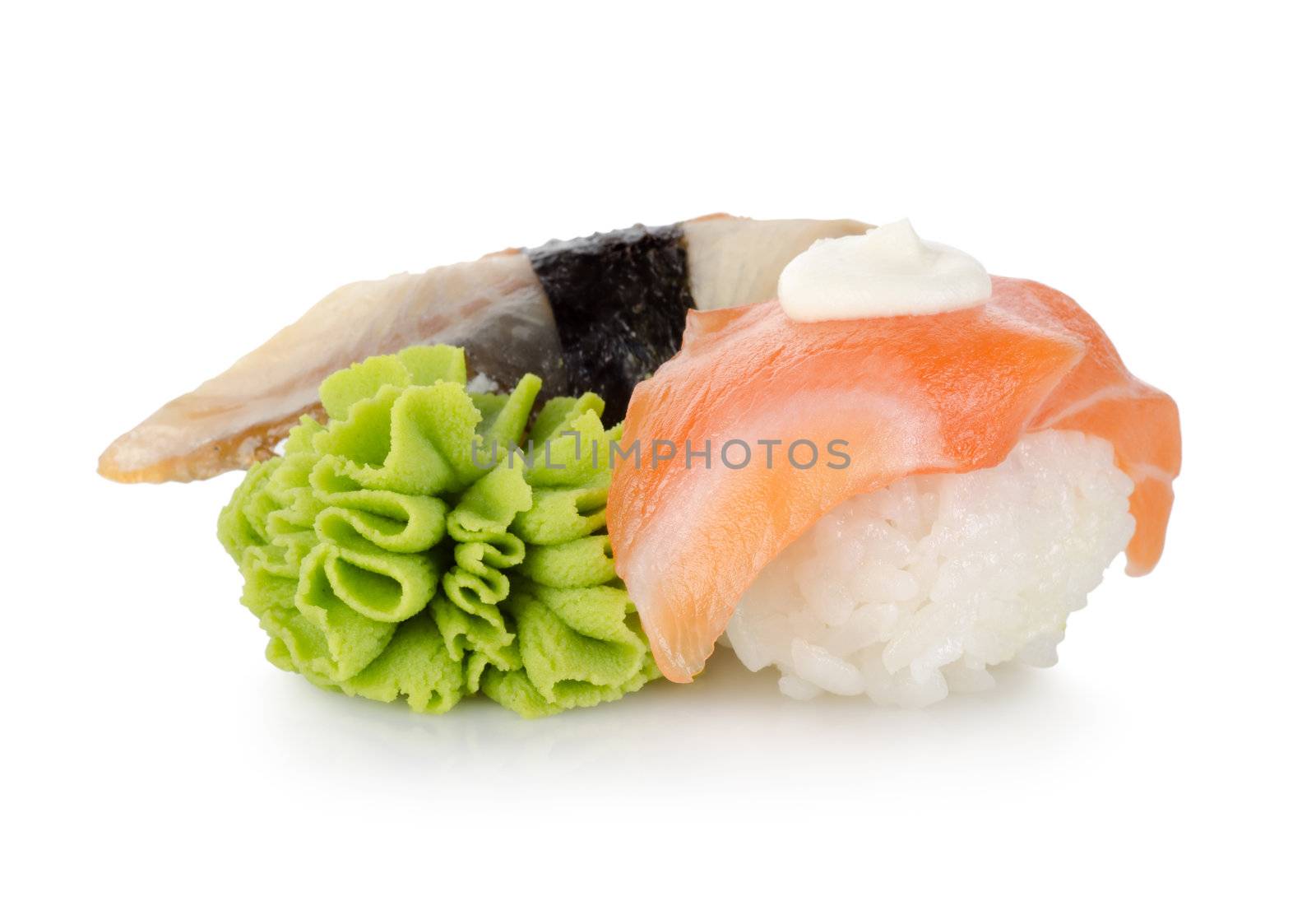 Sushi and wasabi isolated on a white background