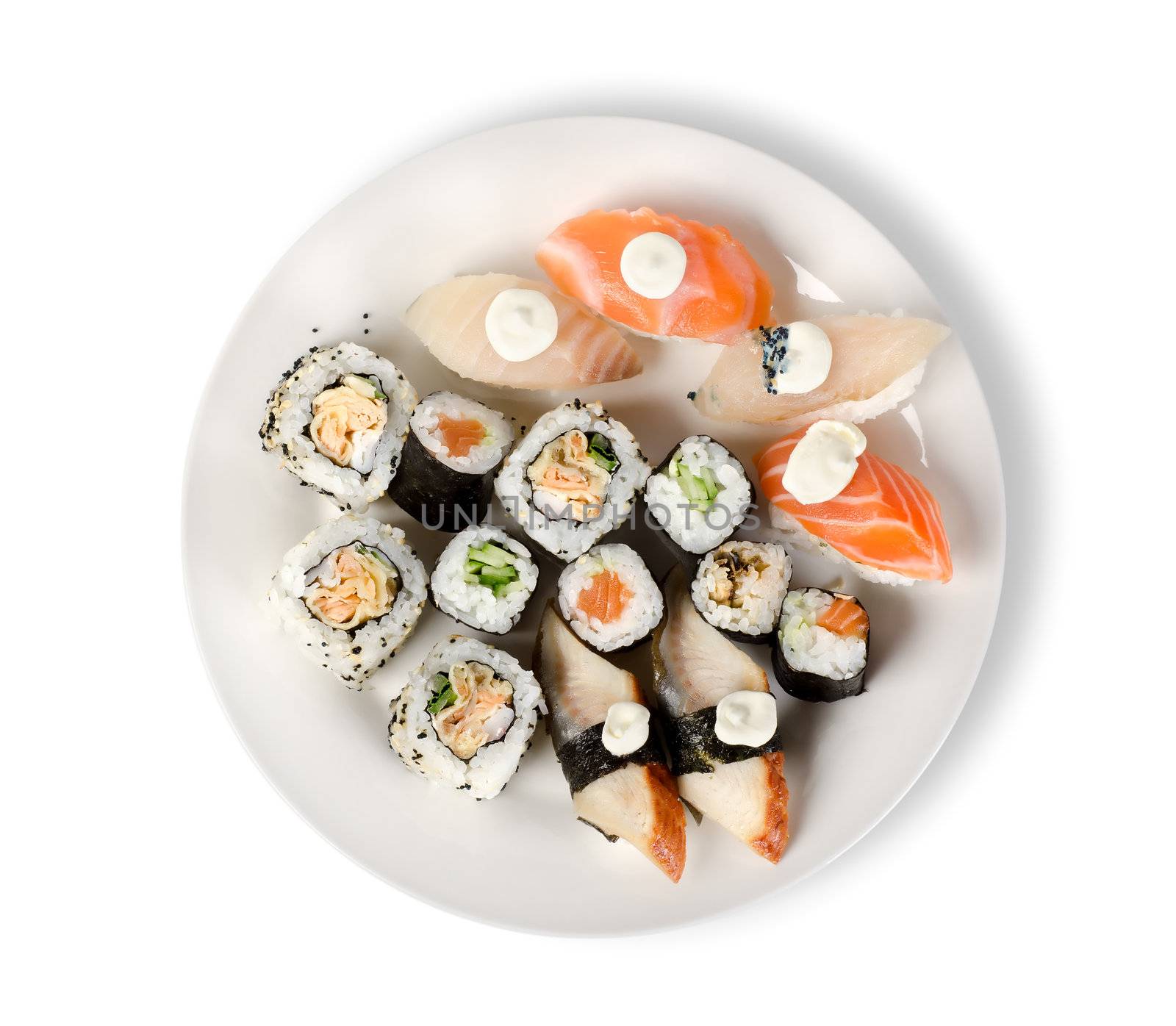 Sushi and rolls in a plate isolated by Givaga