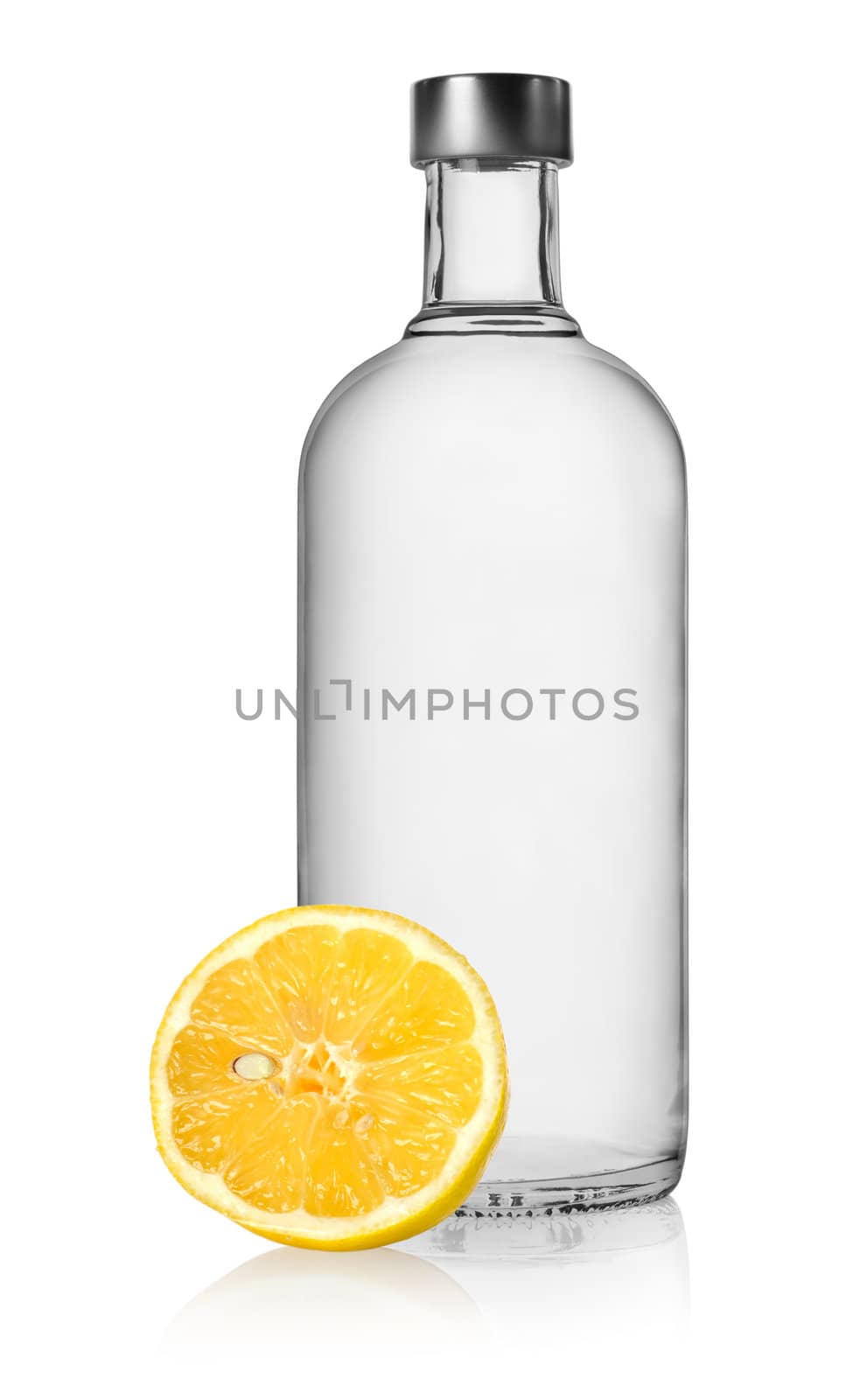Bottle of vodka and lemon isolated on a white background