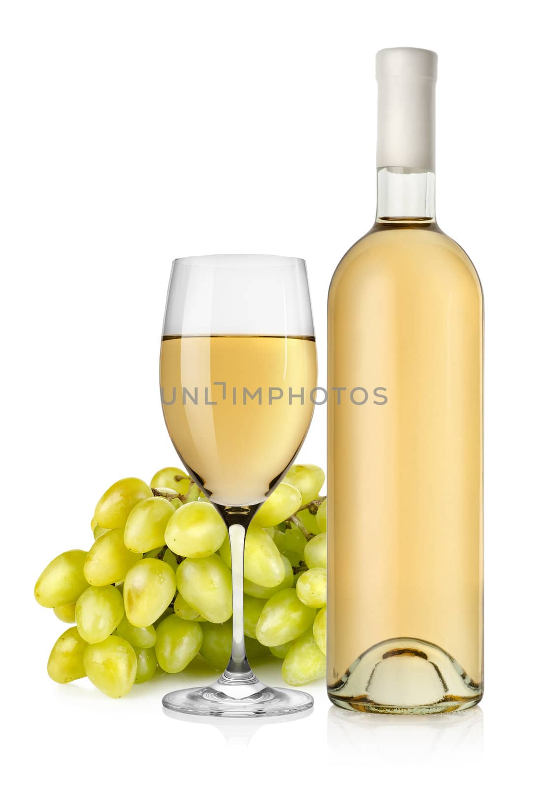 Bottle of white wine and grapes isolated on a white background