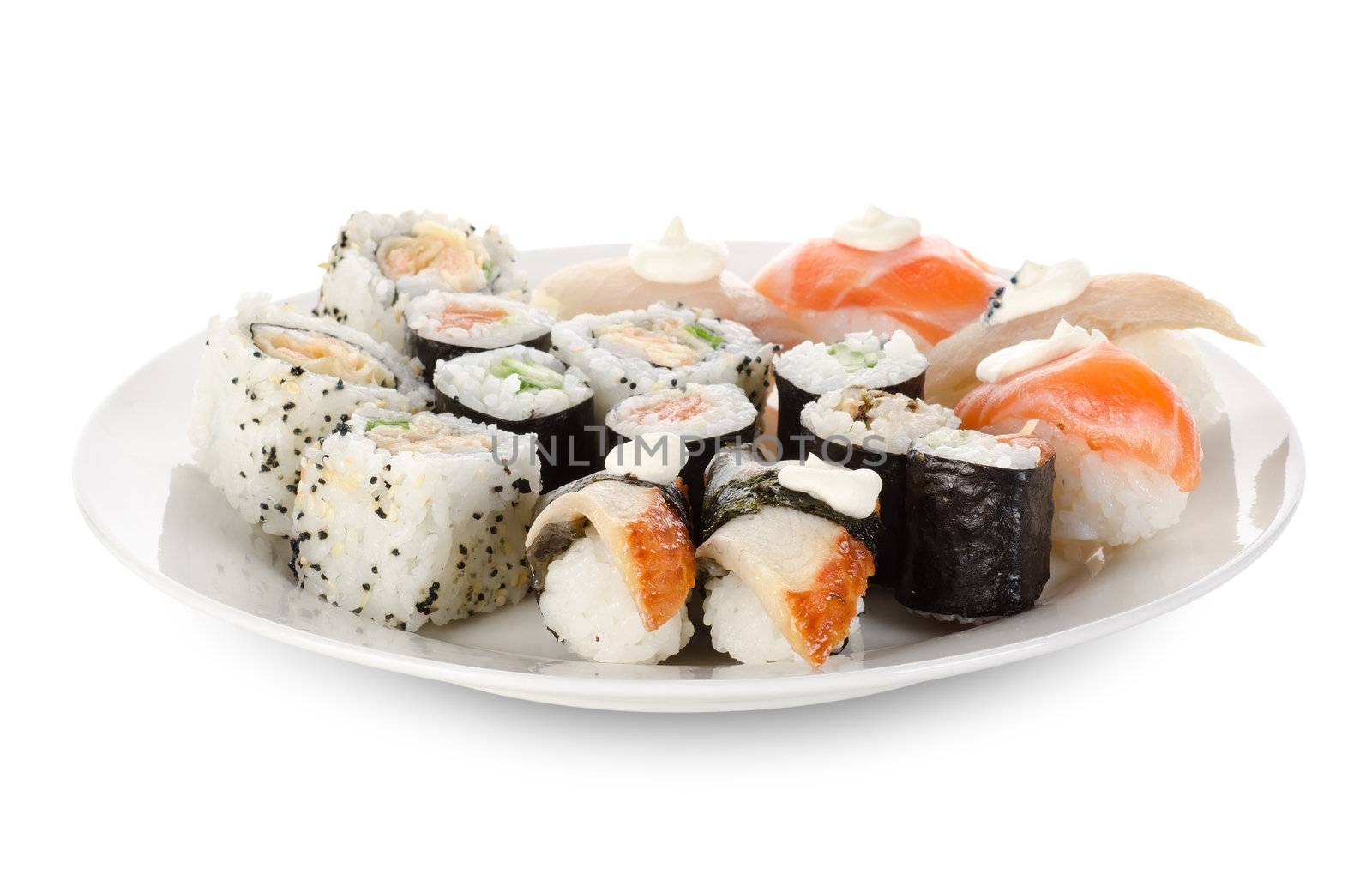 Sushi and rolls in a dishes isolated on a white background. Clipping path