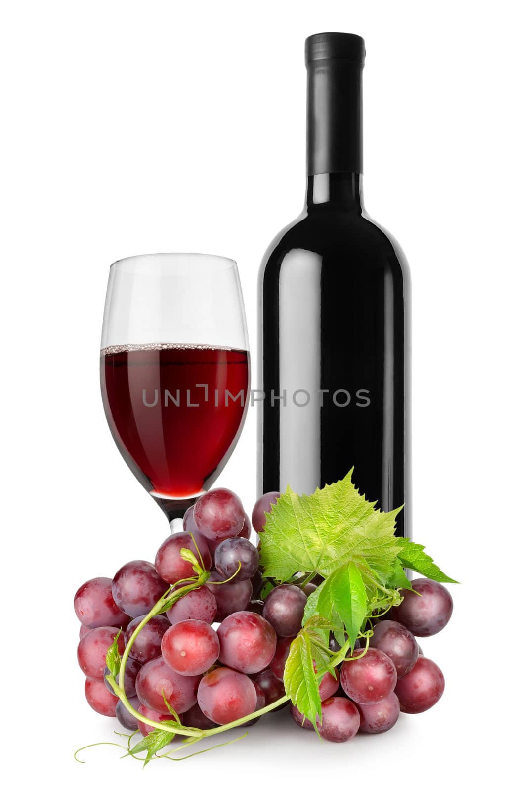 Bottle of red wine, wineglass and grapes isolated on a white background
