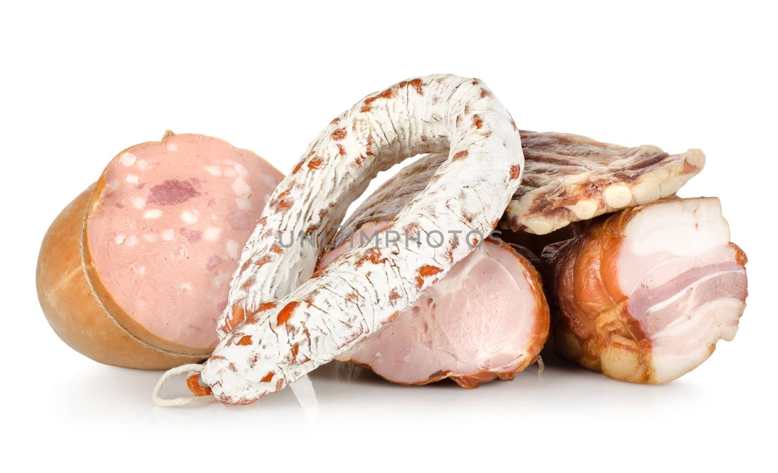 Cooked meat and sausages isolated on a white background