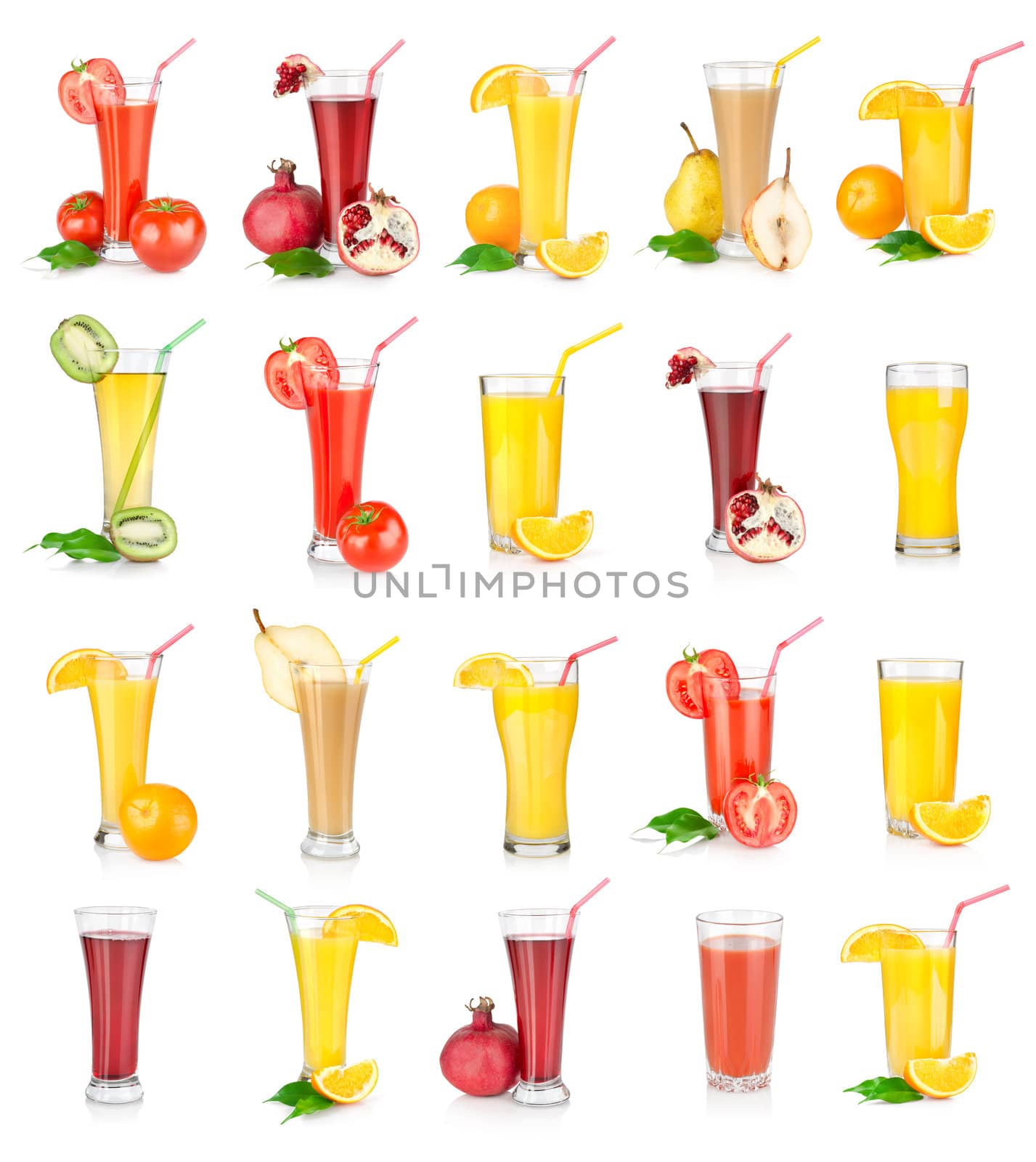 Collage of juices isolated on white background
