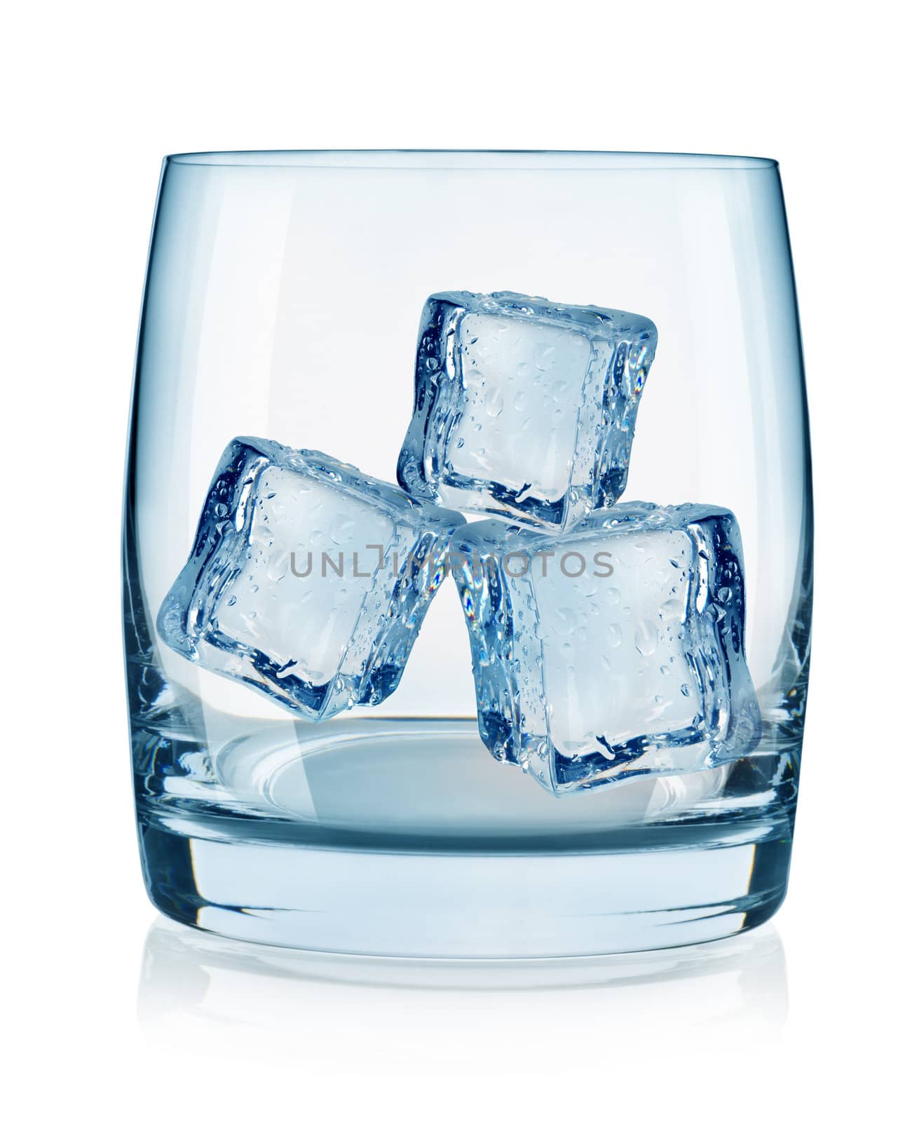 Glass and ice cubes isolated on white background
