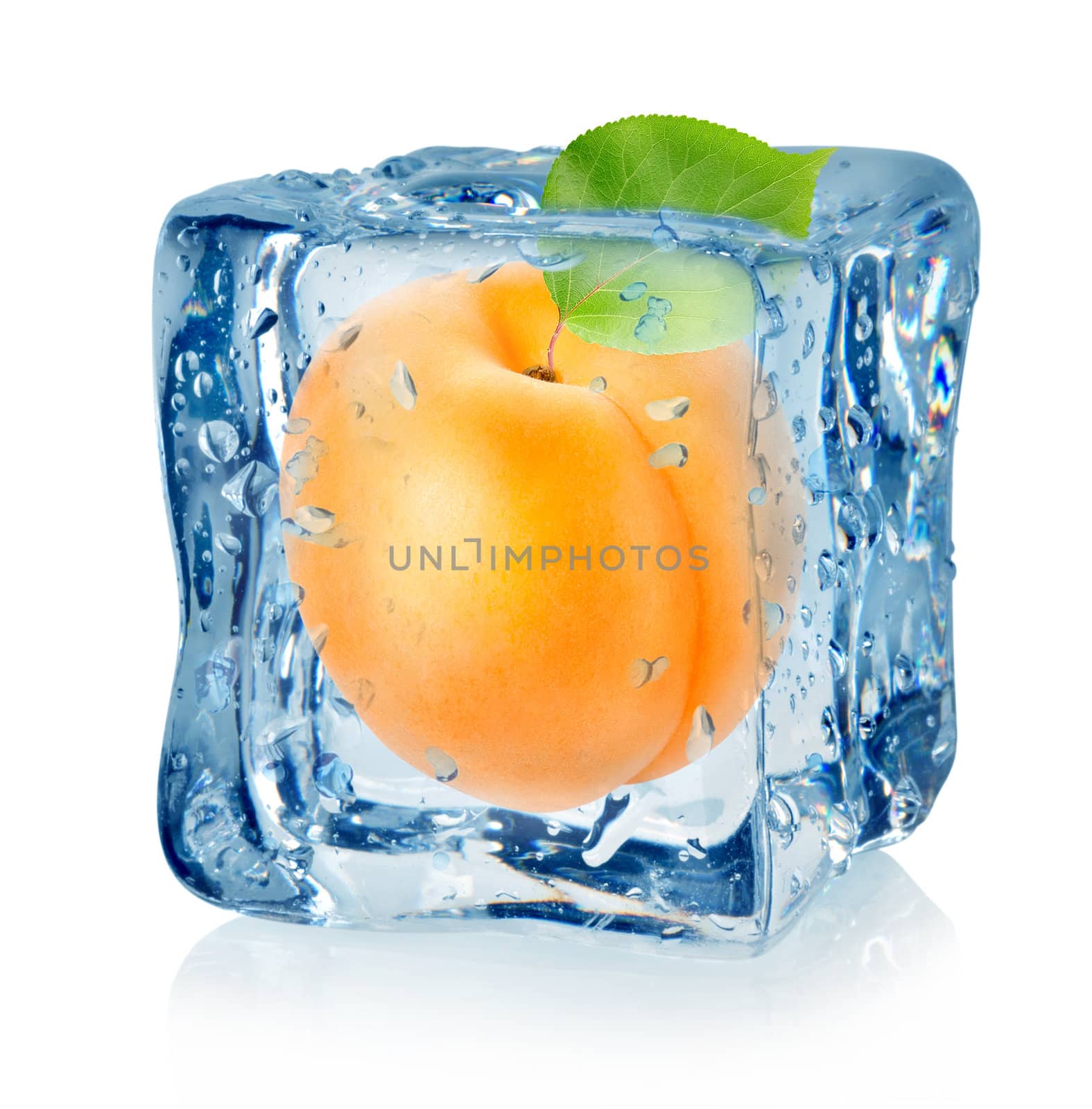 Ice cube and apricot isolated on a white background