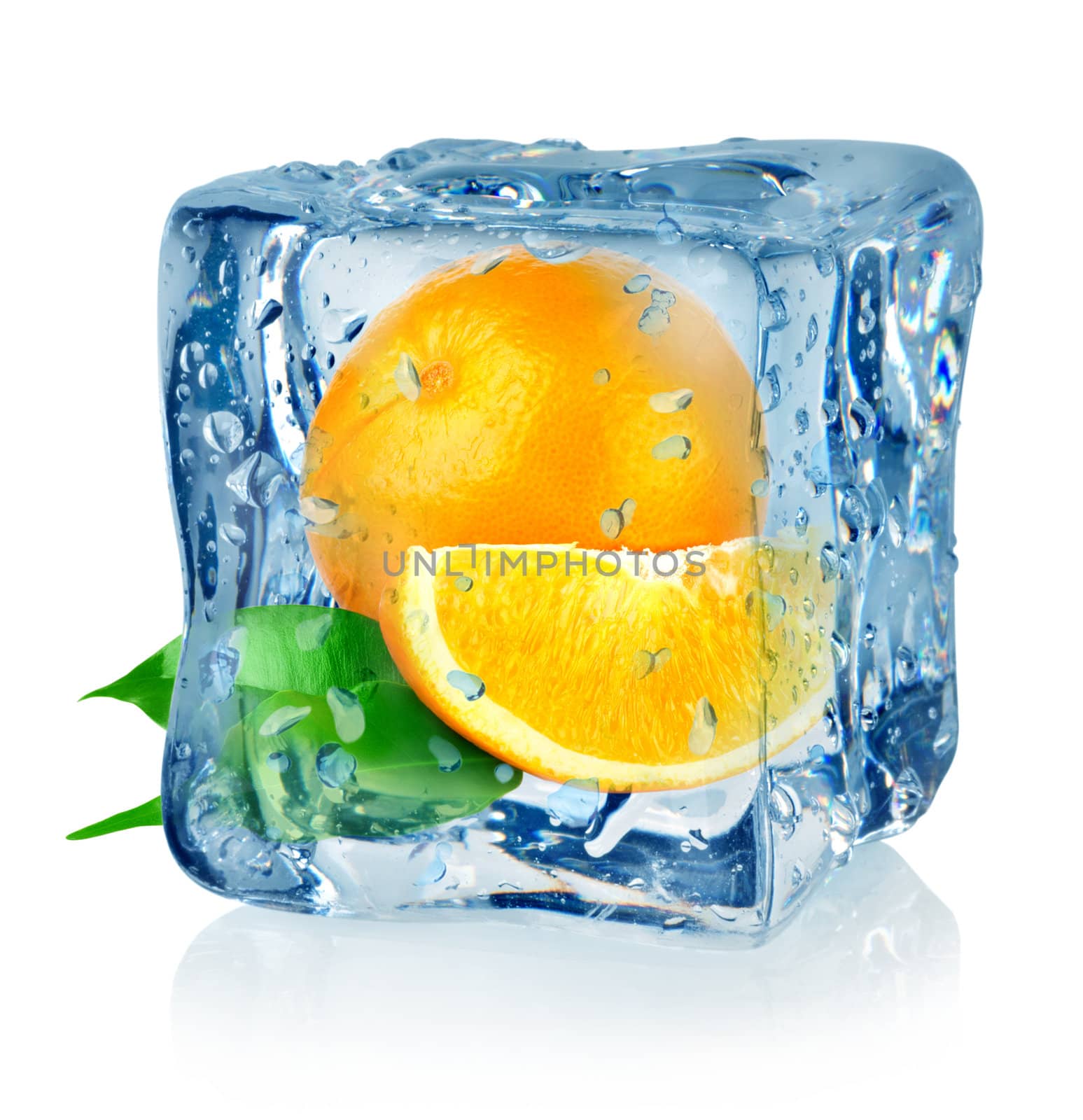 Ice cube and orange isolated on a white background