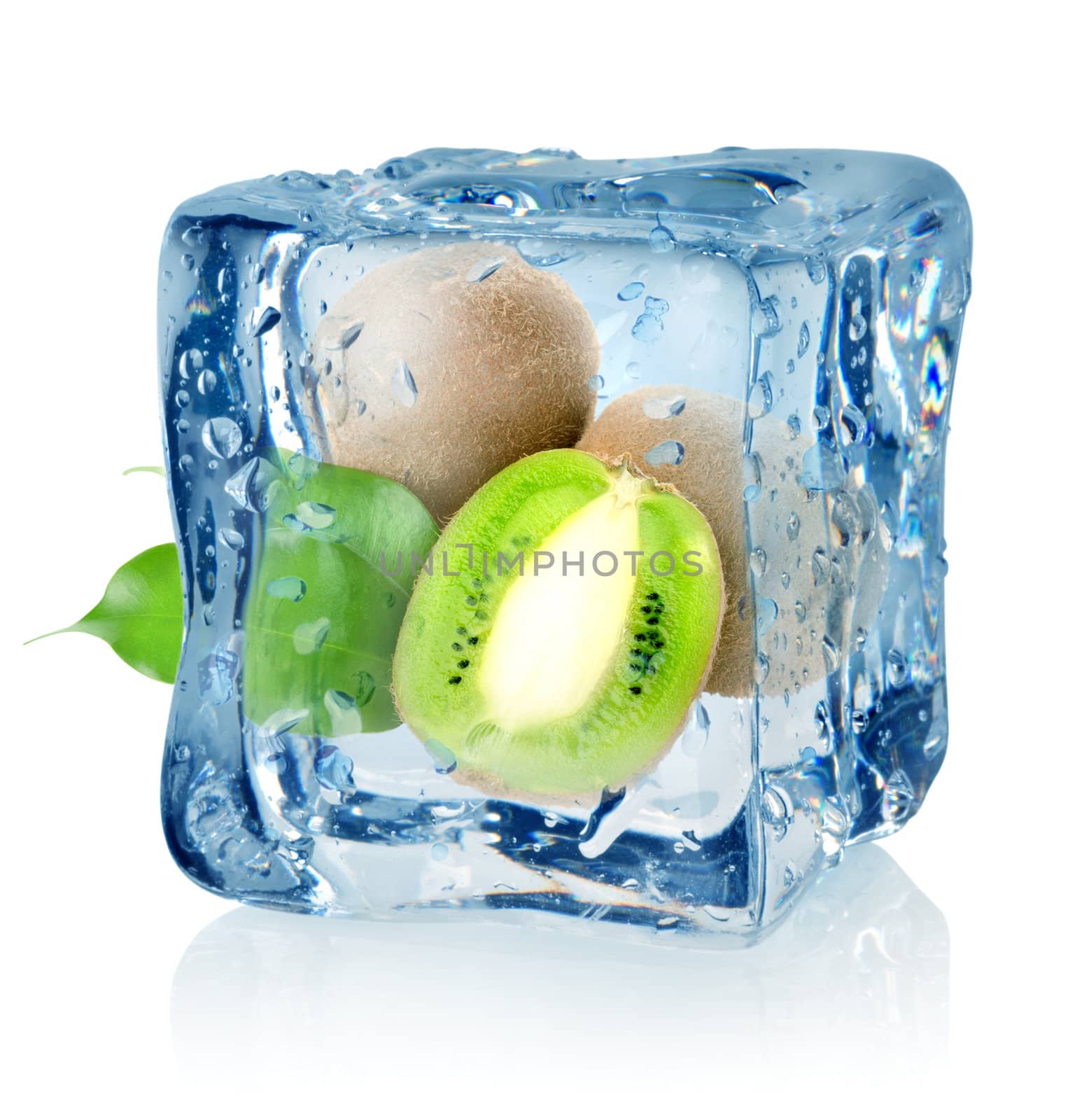 Ice cube and kiwi isolated on a white background