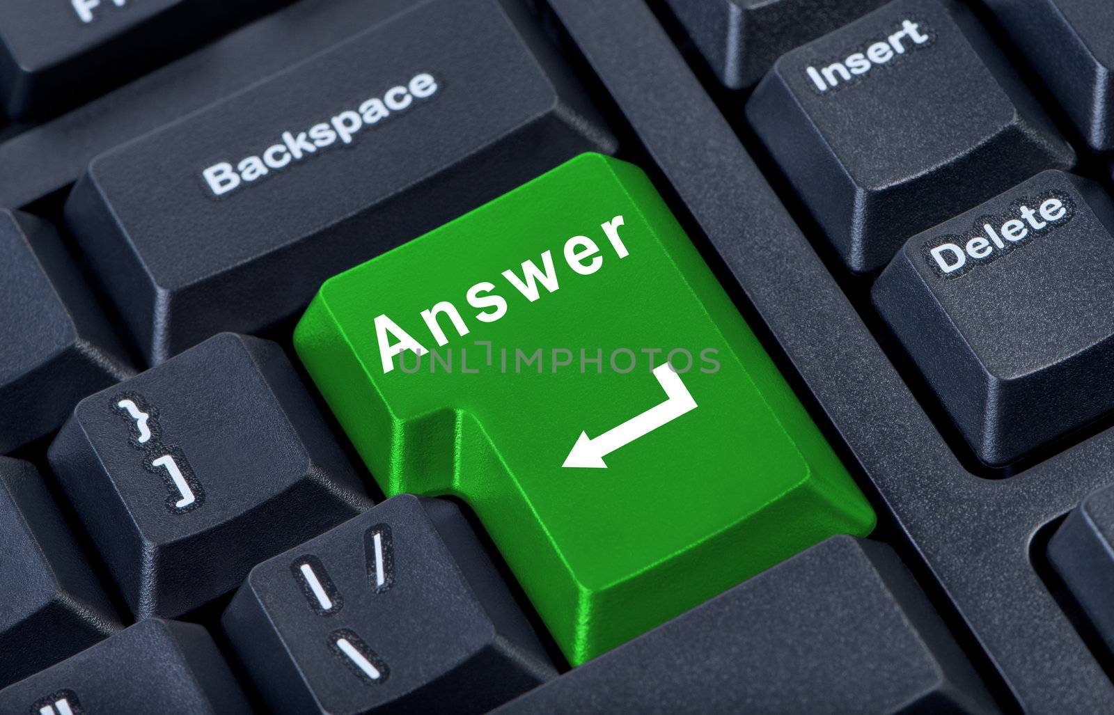 Large green computer keyboard button with the word answer and arrow close-up.