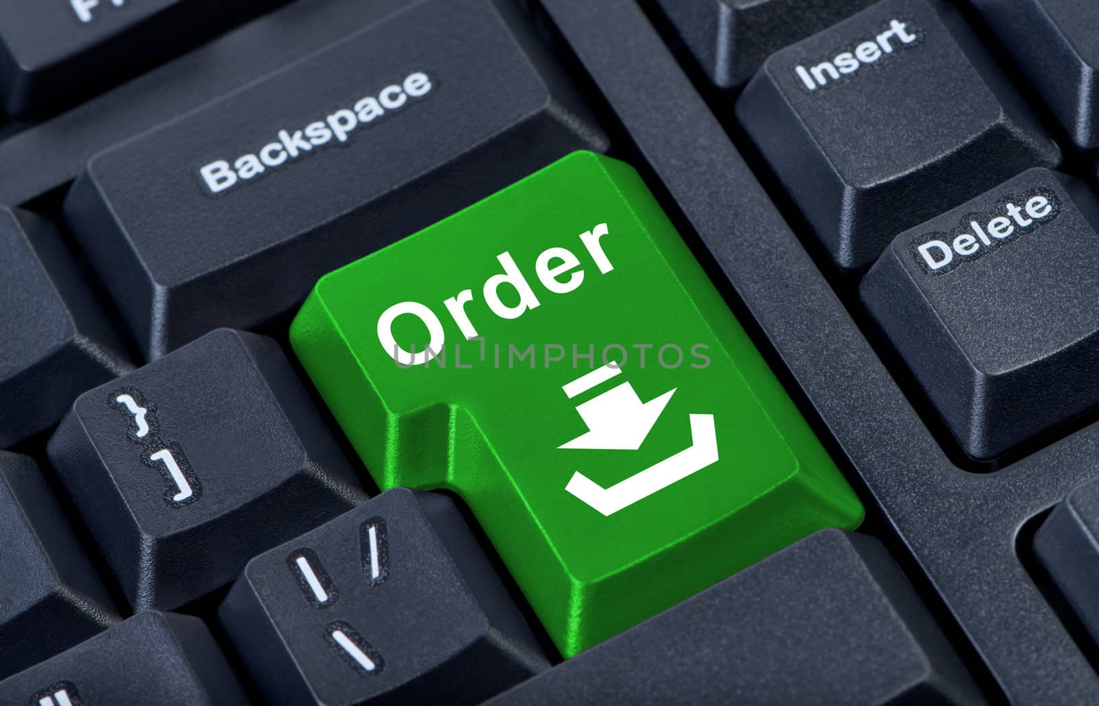 Order large bright green computer keyboard button with arrow and tray.