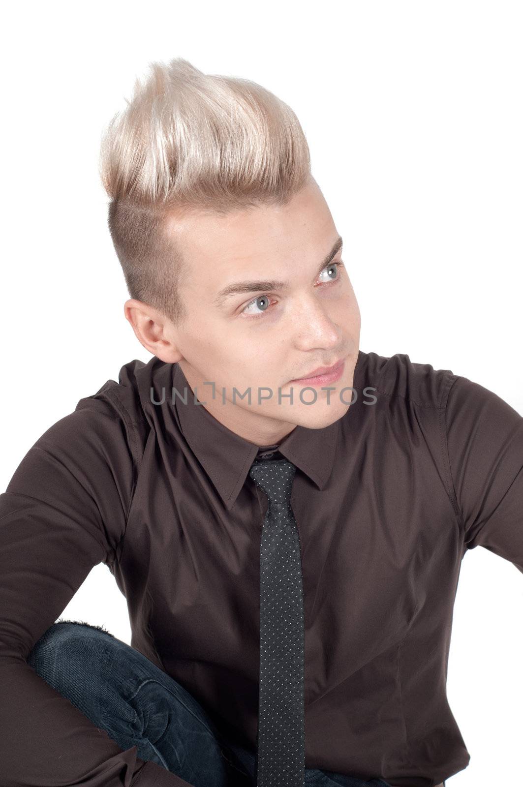 Portrait of blond man in dark shirt