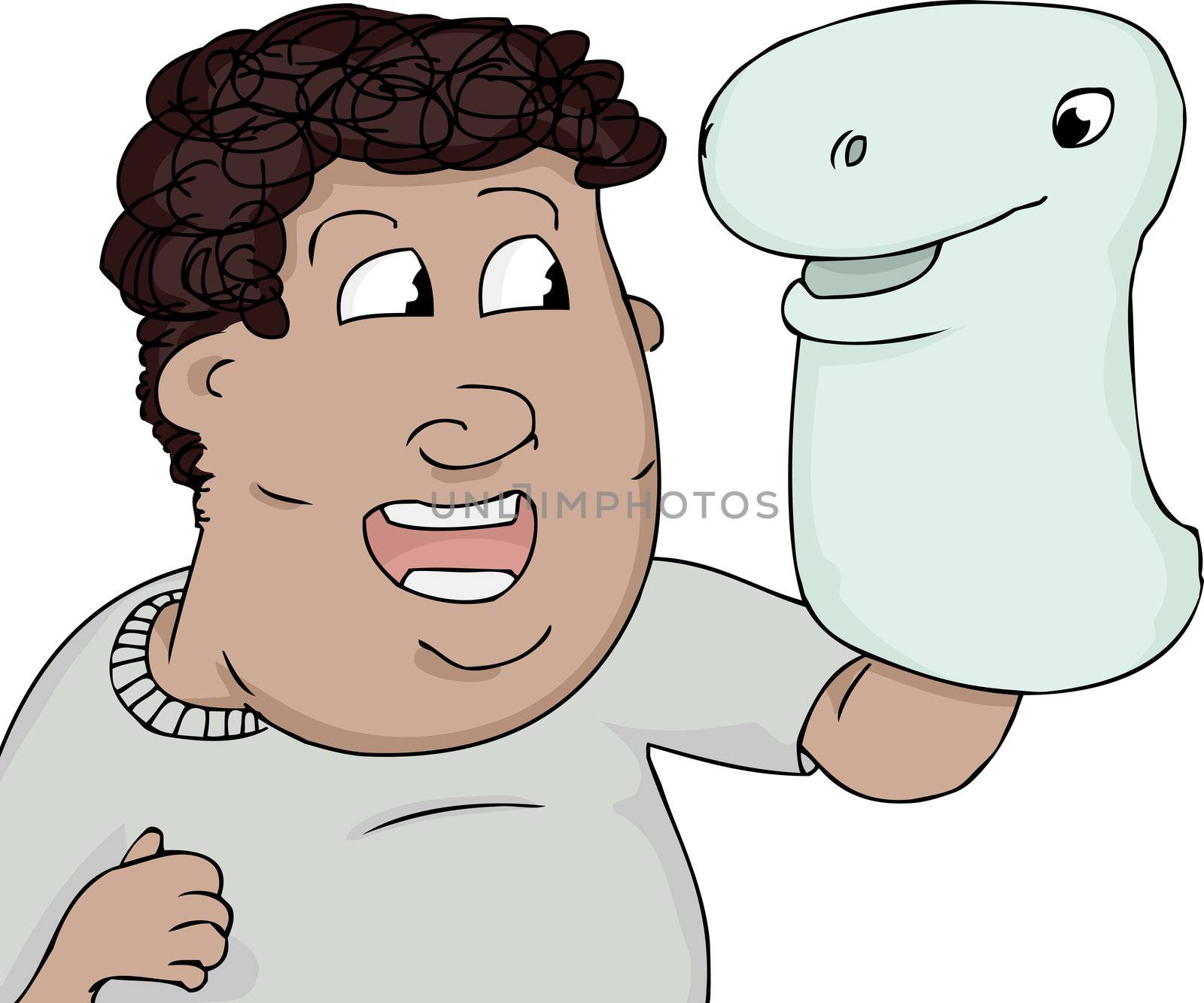 Smiling young puppeteer with hand puppet over white background