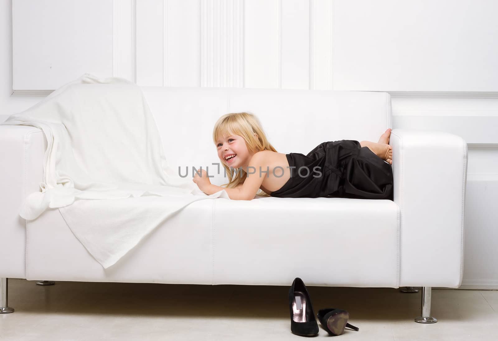 girl lying on a white sofa in my mother's dress, by victosha