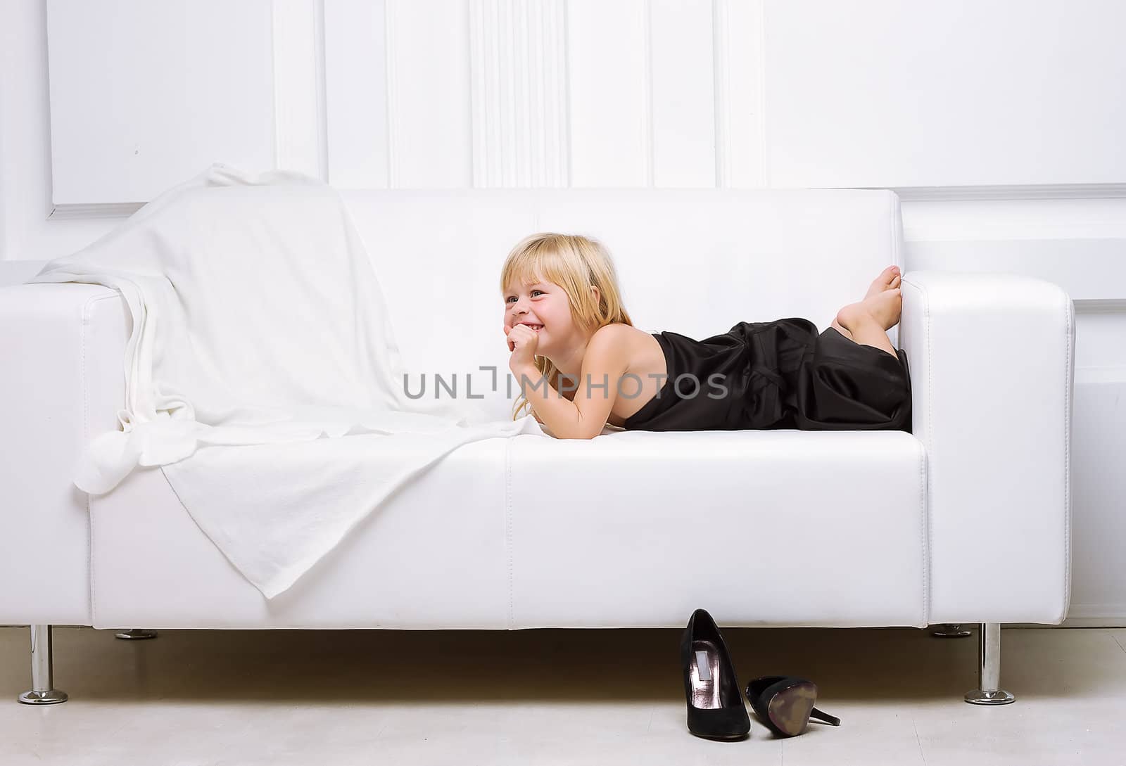 girl lying on a white sofa in my mother's dress, by victosha