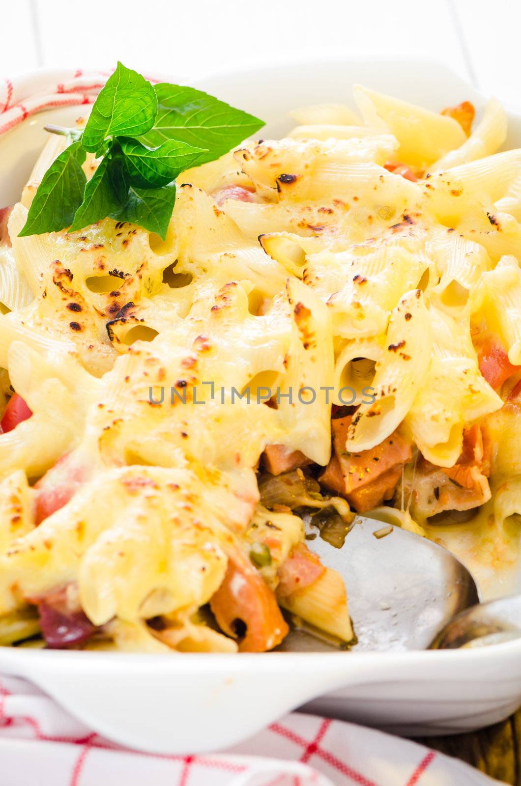 fresh baked Rigatoni casserole with cheese sausage, bacon, tomatoes, cream and herbs