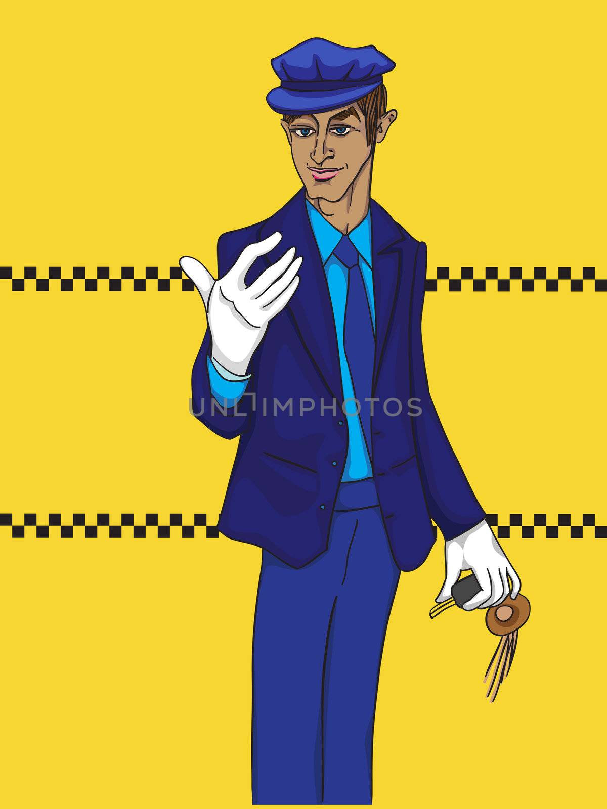 Hand drawn illustration of a limo driver with white gloves over a yellow background with taxi tiles