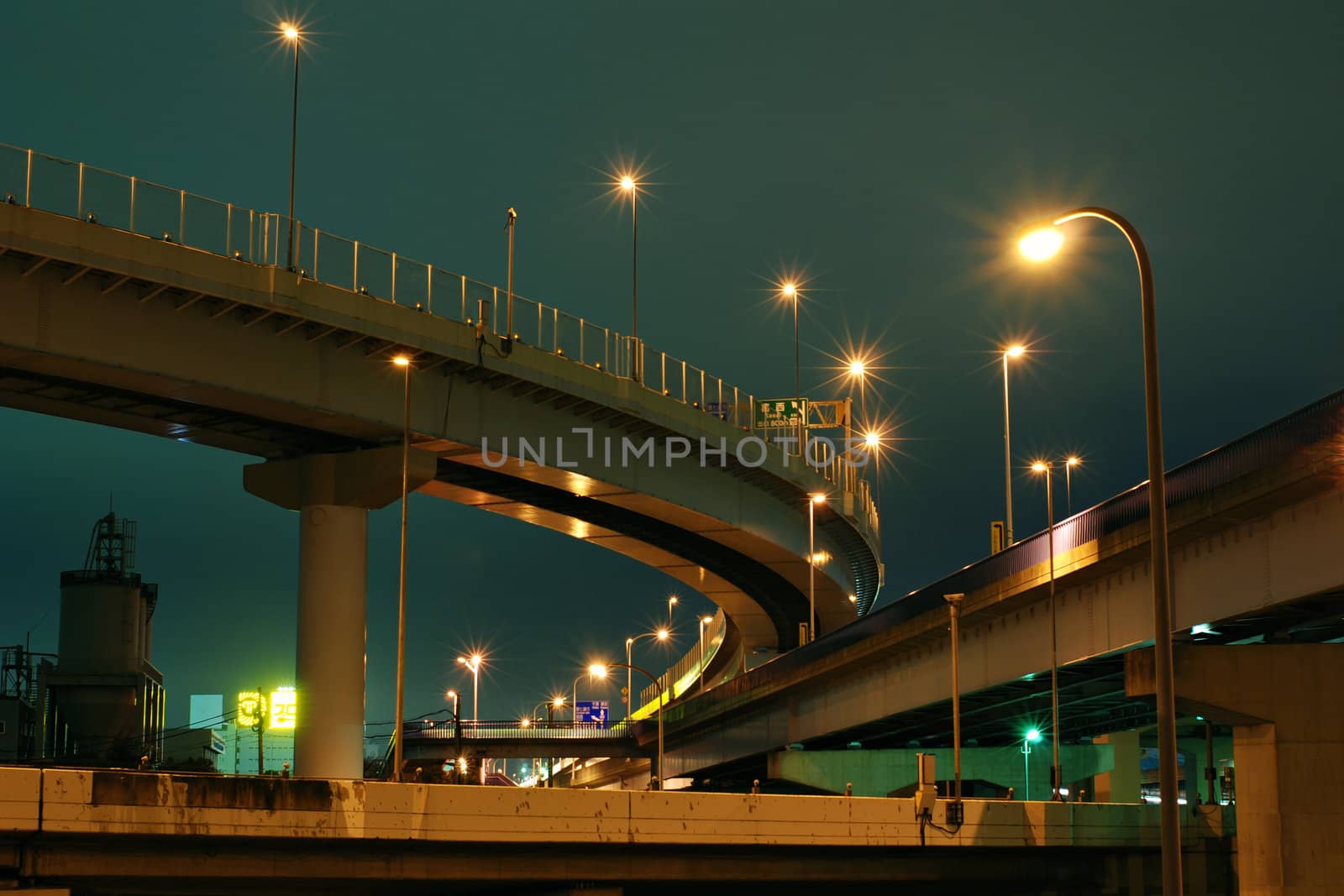 very intensive Tokyo highways intersection at night time, Japan