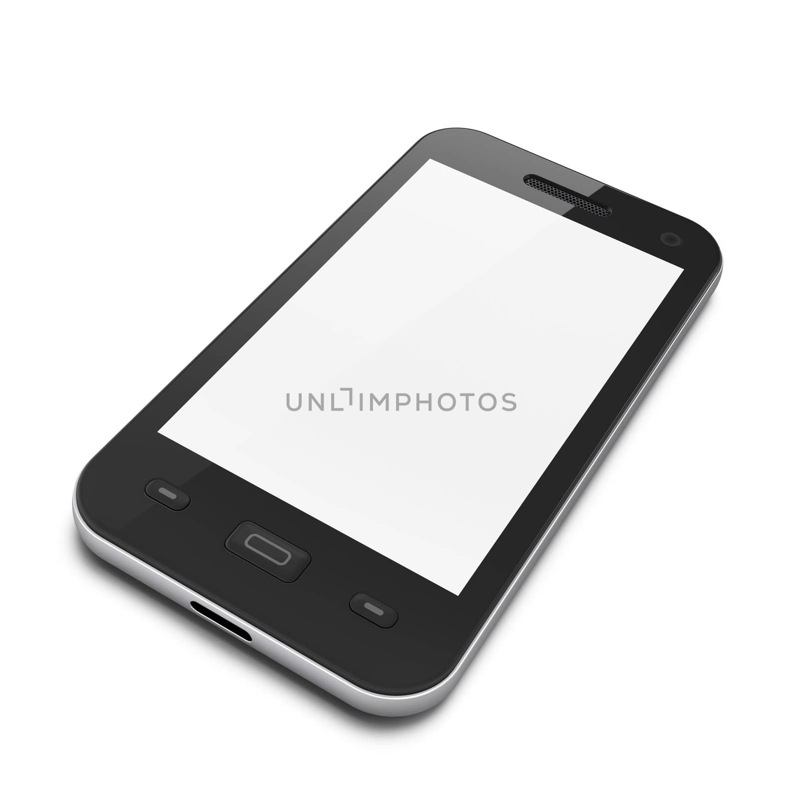 Beautiful highly-datailed black smartphone on white background, 3d render